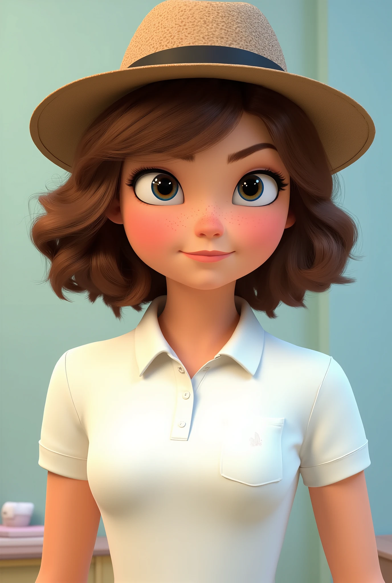 A girl of about 18 years old, brown hair with short hair, wearing a fedora hat, blue brown eyes, wearing a white polo collar with an undetailed pocket on the chest, pixar style image, extending from the waist up