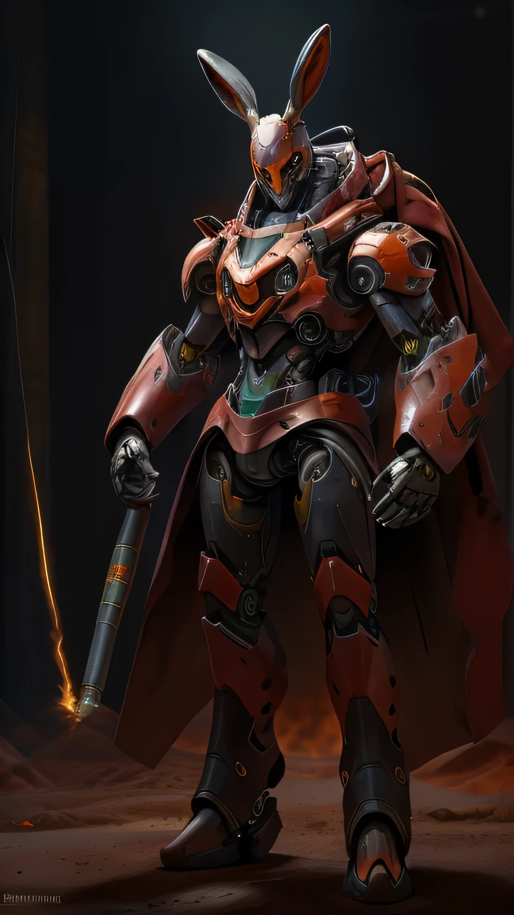 a slender rabbit robot with red and orange armor with black stripes. There is a laser cannon on his arm around the volcano