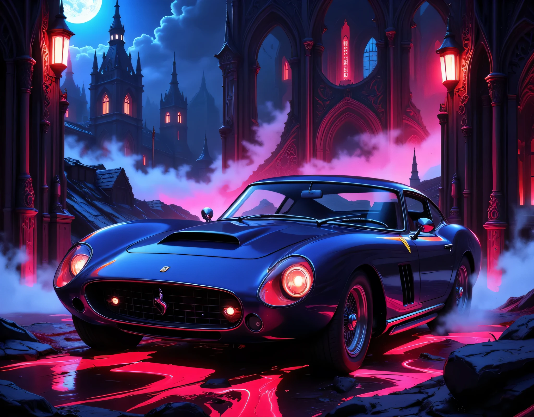 animation comic if a vampire was Ferrari 250 GTO, incorporate feminine motives and design, vibrant, Ultra-high resolution, High Contrast, (masterpiece:1.5), highest quality, Best aesthetics), best details, best quality, highres, 16k, (ultra detailed: 1.5), masterpiece, best quality, (extremely detailed) RAW, (ultra details, Masterpiece, best quality),