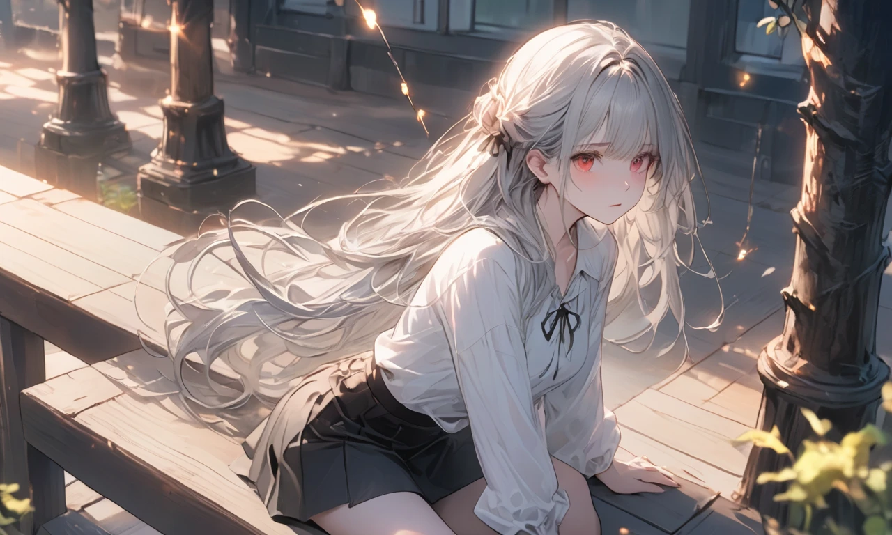 Anime girl sitting on a bench with long white hair - SeaArt AI