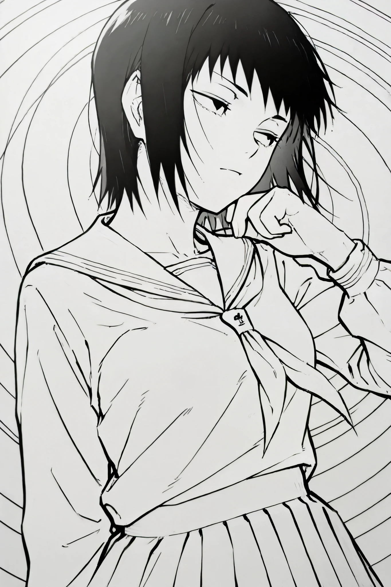 score_9, score_8_up, score_7_up, score_6_up, score_5_up, score_4_up, masterpiece.
BREAK
(masterpiece: 1.0), best quality, perfect anatomy, perfect composition, perfection, 4k resolution, absurdres, very aesthetic, professional artwork, absolutely beautiful. greyscale, monochrome, line art, lineart
BREAK
kurata tome, black hair, medium hair, black eyes, narrowed eyes, serafuku, long sleeves, detailed clothes