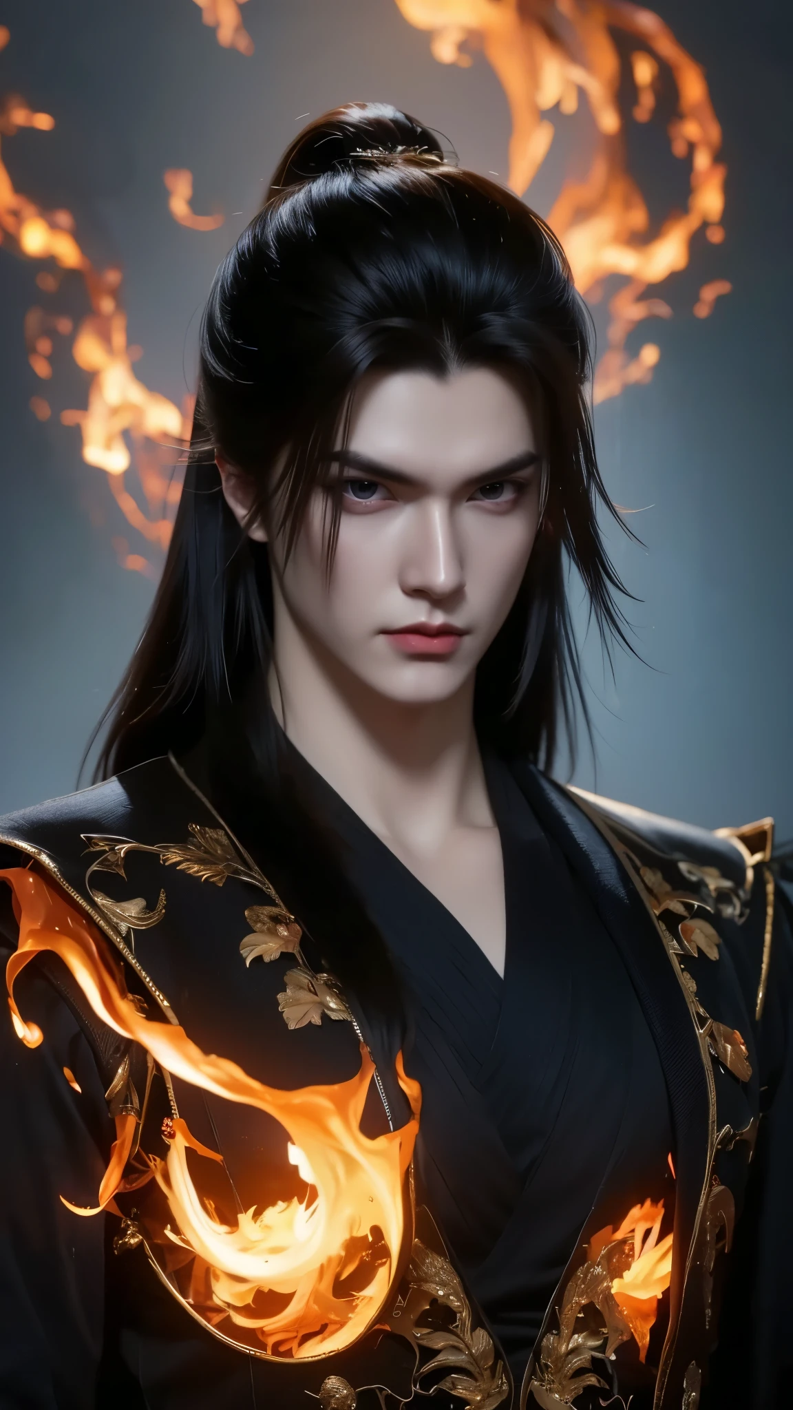 Vuong Lam's portrait is beautiful, emotionless, exuding a cold, majestic temperament tinged with loneliness. His deep, piercing blue eyes looked at his opponents, reflecting his perseverance and an incomprehensible inner world, shaped by countless trials. His handsome, sharp face exudes determination and intelligence. His flowing red hair in the ancient Tien Hiep style further enhances his elegant appearance. He wears an exquisite period costume, battle scars - blood on his face and pale lips - mark his recent struggle.The image is a dynamic, digital artwork featuring a stylized figure with exaggerated, muscular humanoid form. The central figure is cloaked in dark tones, providing a silhouette-like appearance against the fiery background. The figure's pose suggests motion and power, with outstretched arms and a defiant stance that gives the impression of confident action or thunderous arrival. The background bursts with vibrant red flames. Original cinematography