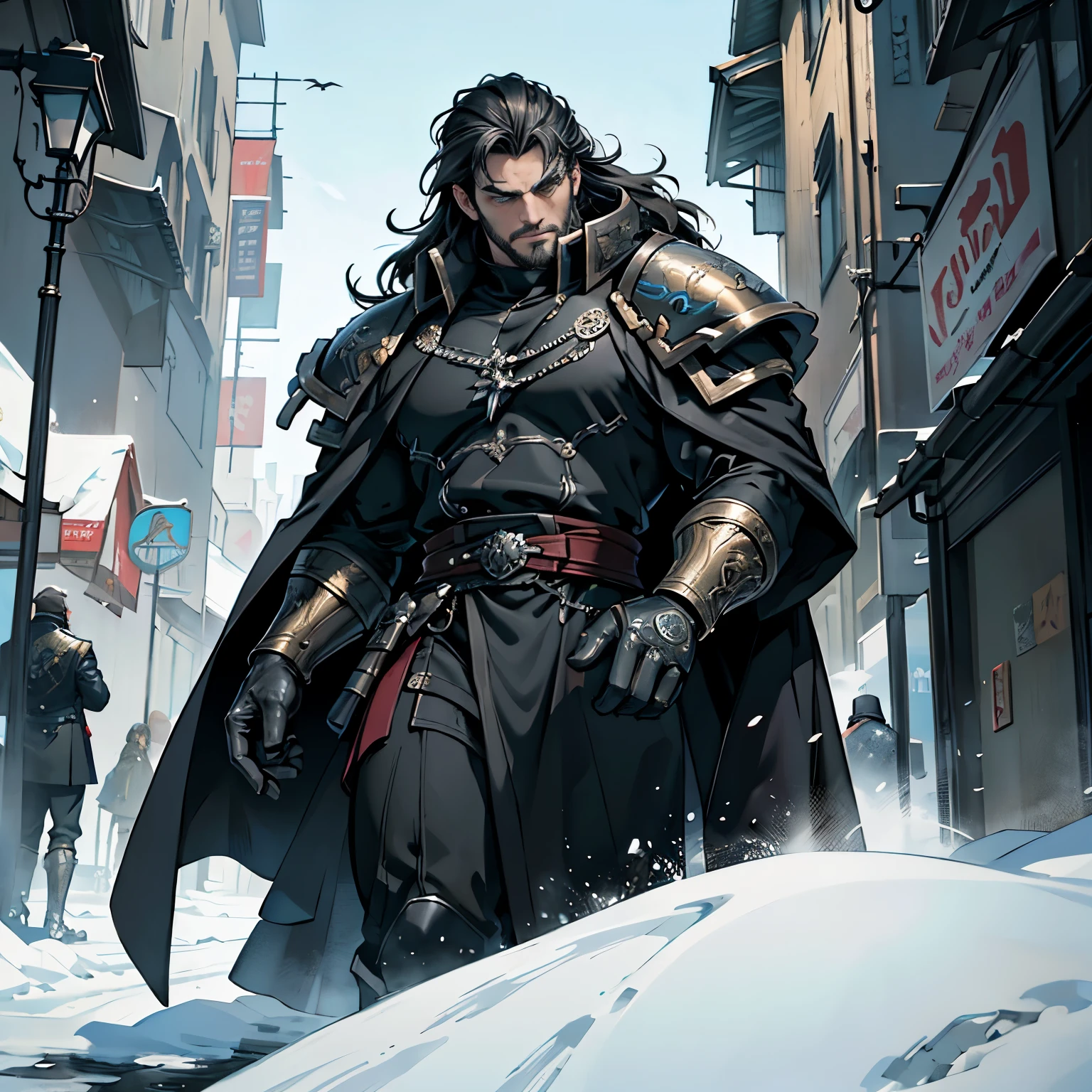 ((Best quality)), ((masterpiece)), ((realistic cartoon)), ((perfect character)):
In this stunning and highly detailed realistic cartoon, we present a male human. The man stands tall, a middle-aged man, and he's Primarch from Warhammer 40K, and powerfully built, he has greyish pale skin, long-medium raven black hair and he has a stern face. he had black eyes, wore a black long coat, a black pant, and had a strong balanced muscle body.
Every element of this masterpiece is carefully designed to create a sense of realism and immersion. The intricacies of the man's clothing, the mesmerizing effects of the area around him and he was in city in winter season, and the level of detail in his weathered face all contribute to a captivating visual experience. This artwork is presented in stunning UHD resolution, allowing you to appreciate every nuance and intricacy in breathtaking detail.
Eye level, scenic, masterpiece.