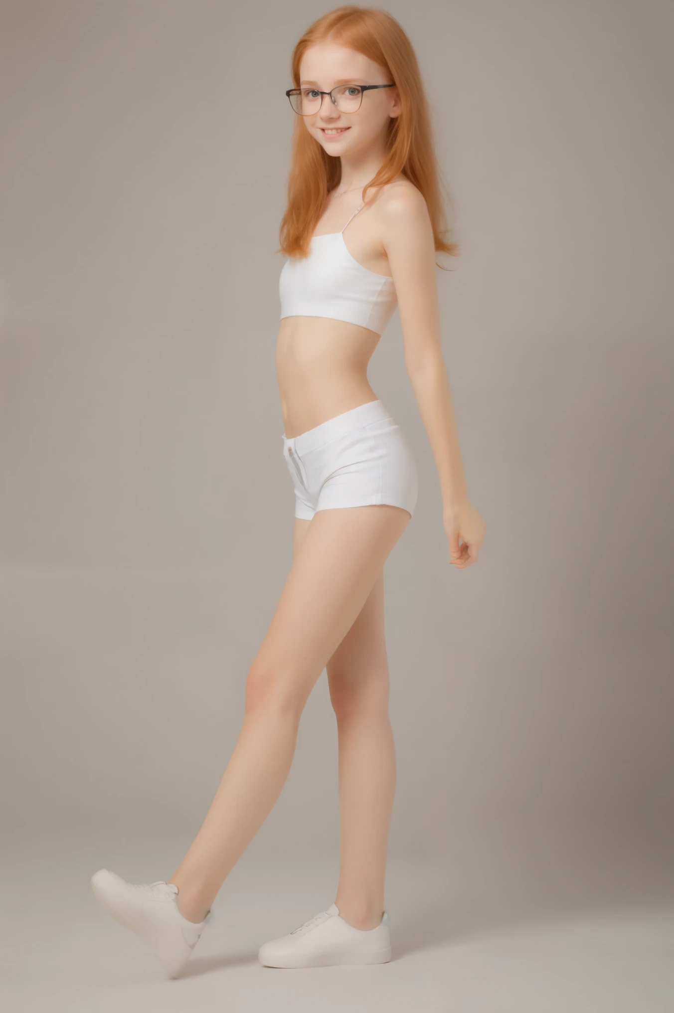 Amateur Image, raw photo, unedited photo, dynamic pose, full body shot, full view,(13yo skinny redhead girl:1.2), (normal european girl), ((flat chested)), (thin legs), cheek dimples, blushing smile, black eyeliner, (lipstick:0.5), (choker:0.9), white skin, detailed skin, realistic skin texture, shoulder, athletic shorts, (natural ginger hair:1.2), (glasses), nsfw, naive, shy, short, thin, cute, fotorealismo, realism, 