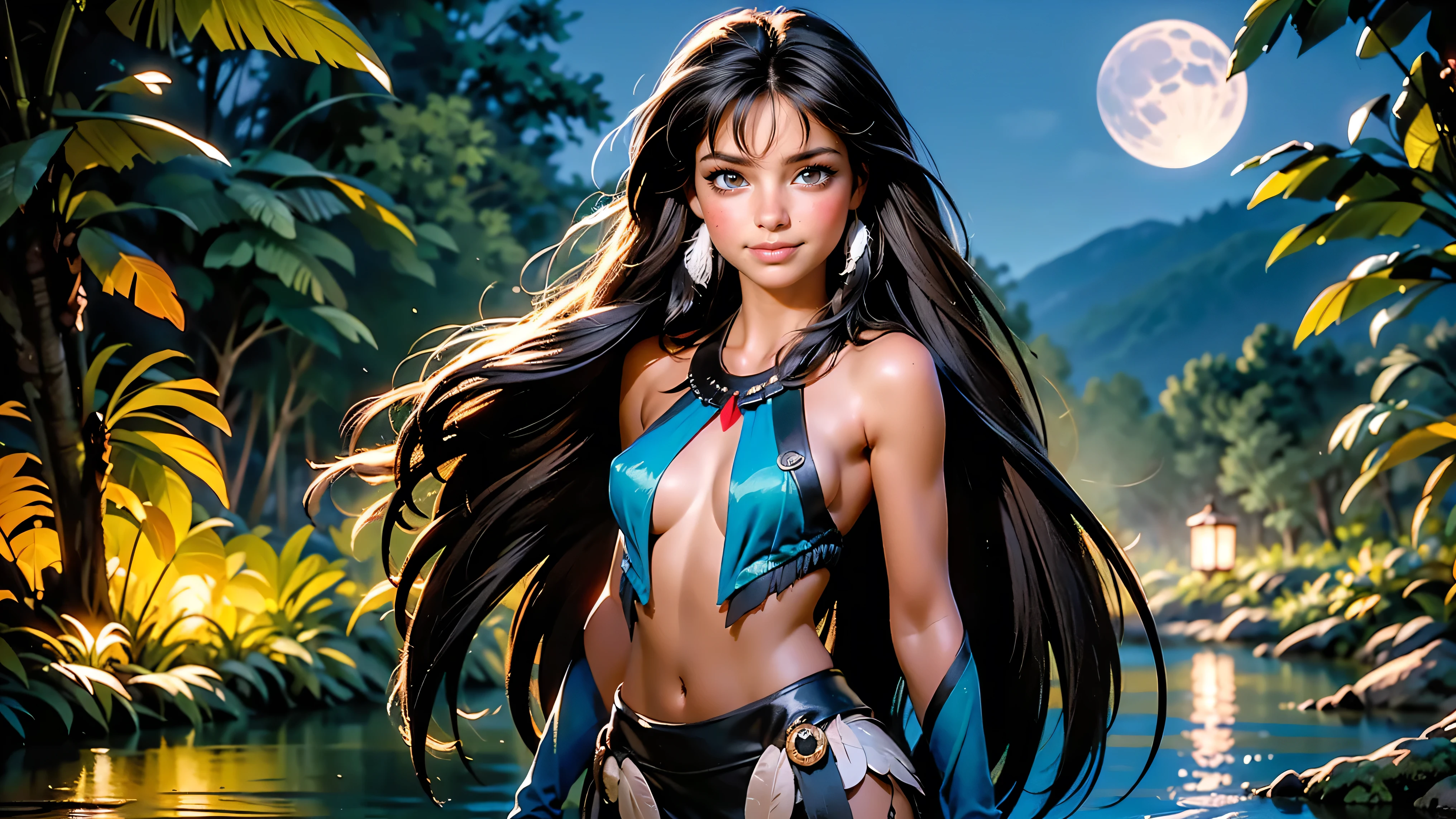 ((1girl)), ((solo)), (cute girl), (young girl), (), ((young)), native American alone at night in the forest, ((face paint)), ((dark skin)), adorned with beads and feathers, moonlight, ((brown eyes)), ((dark eyes)), ((beautiful face)), ((Long black hair)) ((straight hair)), ((feathers hanging from her hair)), ((small breast)), ((exposed breast)), upper body, ((slim waist)), ((standing upright in a river in the forest with the moonlight steaming through the leaves)), ((sexy pose)), navel, ((no top)), seductive smile, waterfall in the background, ((vibrant colors)),