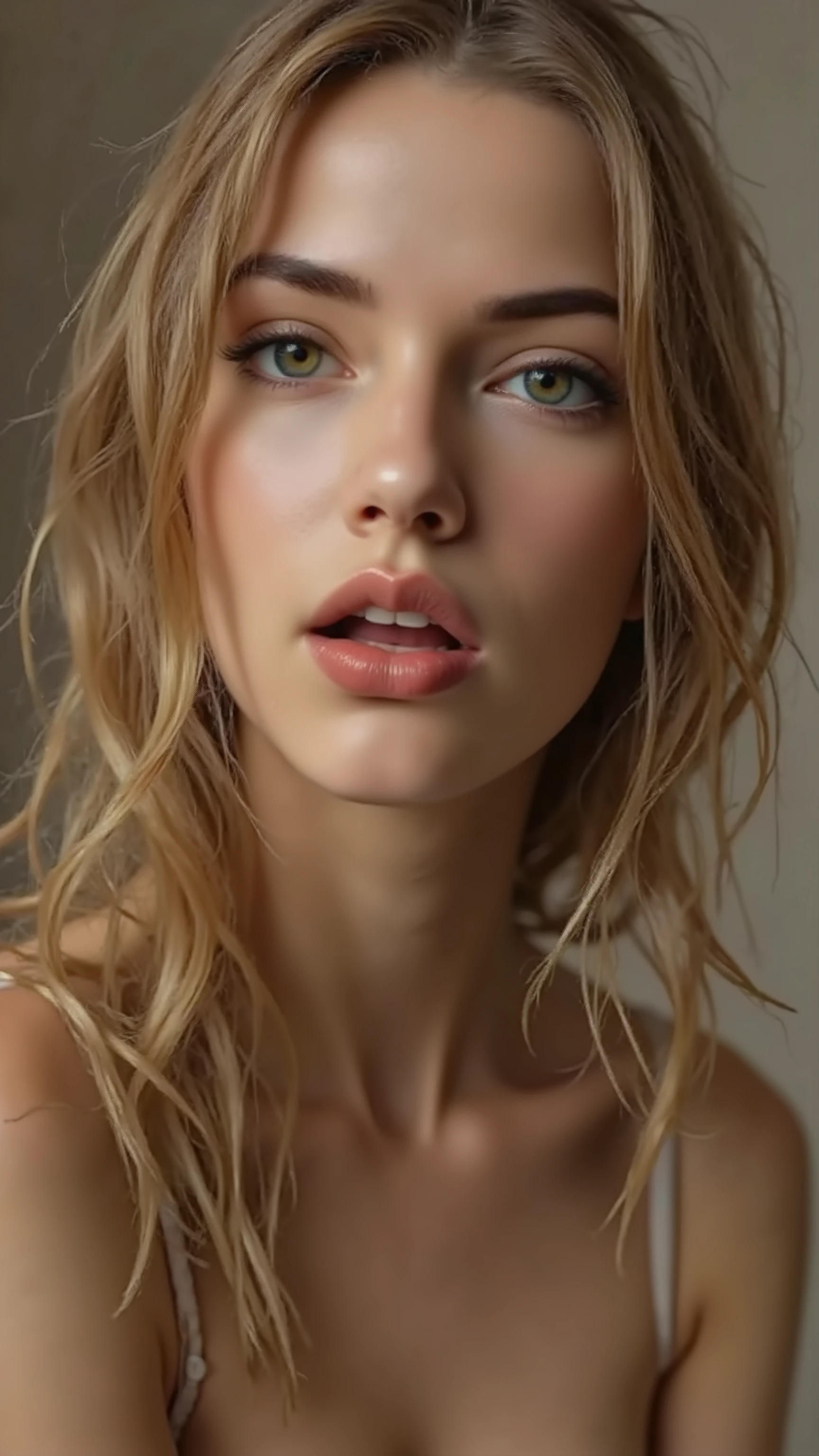 quality & silent:
full body photo, (8k Ultra HD, erotic cover photo, photorealistic, masterful lighting , cinematic lighting, ultra-detailed eyes , Lips & hair, razor sharp, flawless skin, dramatic light & shadow contrasts ).
🎭 Scene & background:
Neutraler Studio- background – sanftes Bokeh oder monochrome Farbverläufe für stilvolle Eleganz.
Different lighting — high-key for fresh radiance , low-key for a mysterious , dramatic atmosphere .
👩 Figure & Styling:
female model inspired by Alicia Melchiott & Anya Taylor-Joy.
Seductive cowboy military look — stylized military uniform with short sleeves , figure-hugging cut , fine fabrics with fine details .
Headdress & Twintails – sanft fallende hair mit akkuratem Styling.
necktie & Thighhighs – betont die schlanke Figure und setzt verführerische Akzente.
📷 Pose & Facial expressions:
image section : head down to chest (Cowboy Shot).
different viewing angles : Straight into the camera , over your shoulder , slight head tilt with intense charisma .
Variierende Facial expressions: Confident smile, playful look, gentle seduction .
Dynamische Pose: crossed arms accentuate the posture , Hands light on neck or tie for a sensual touch .
✨ A top-class , professionelles Shooting mit Military-Erotik & stylish elegance . ✨