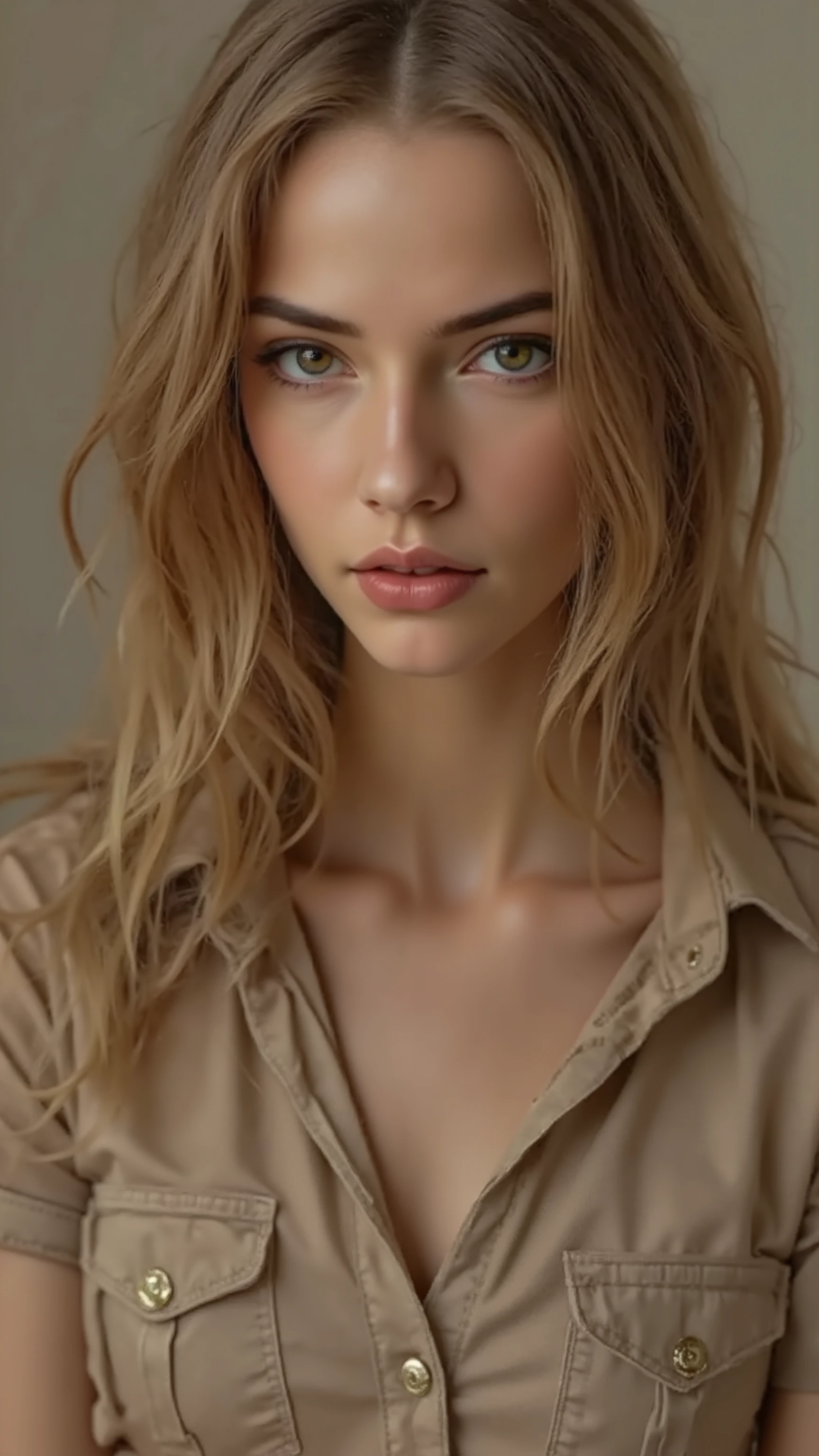 quality & silent:
full body photo, (8k Ultra HD, erotic cover photo, photorealistic, masterful lighting , cinematic lighting, ultra-detailed eyes , Lips & hair, razor sharp, flawless skin, dramatic light & shadow contrasts ).
🎭 Scene & background:
Neutraler Studio- background – sanftes Bokeh oder monochrome Farbverläufe für stilvolle Eleganz.
Different lighting — high-key for fresh radiance , low-key for a mysterious , dramatic atmosphere .
👩 Figure & Styling:
female model inspired by Alicia Melchiott & Anya Taylor-Joy.
Seductive cowboy military look — stylized military uniform with short sleeves , figure-hugging cut , fine fabrics with fine details .
Headdress & Twintails – sanft fallende hair mit akkuratem Styling.
necktie & Thighhighs – betont die schlanke Figure und setzt verführerische Akzente.
📷 Pose & Facial expressions:
image section : head down to chest (Cowboy Shot).
different viewing angles : Straight into the camera , over your shoulder , slight head tilt with intense charisma .
Variierende Facial expressions: Confident smile, playful look, gentle seduction .
Dynamische Pose: crossed arms accentuate the posture , Hands light on neck or tie for a sensual touch .
✨ A top-class , professionelles Shooting mit Military-Erotik & stylish elegance . ✨
