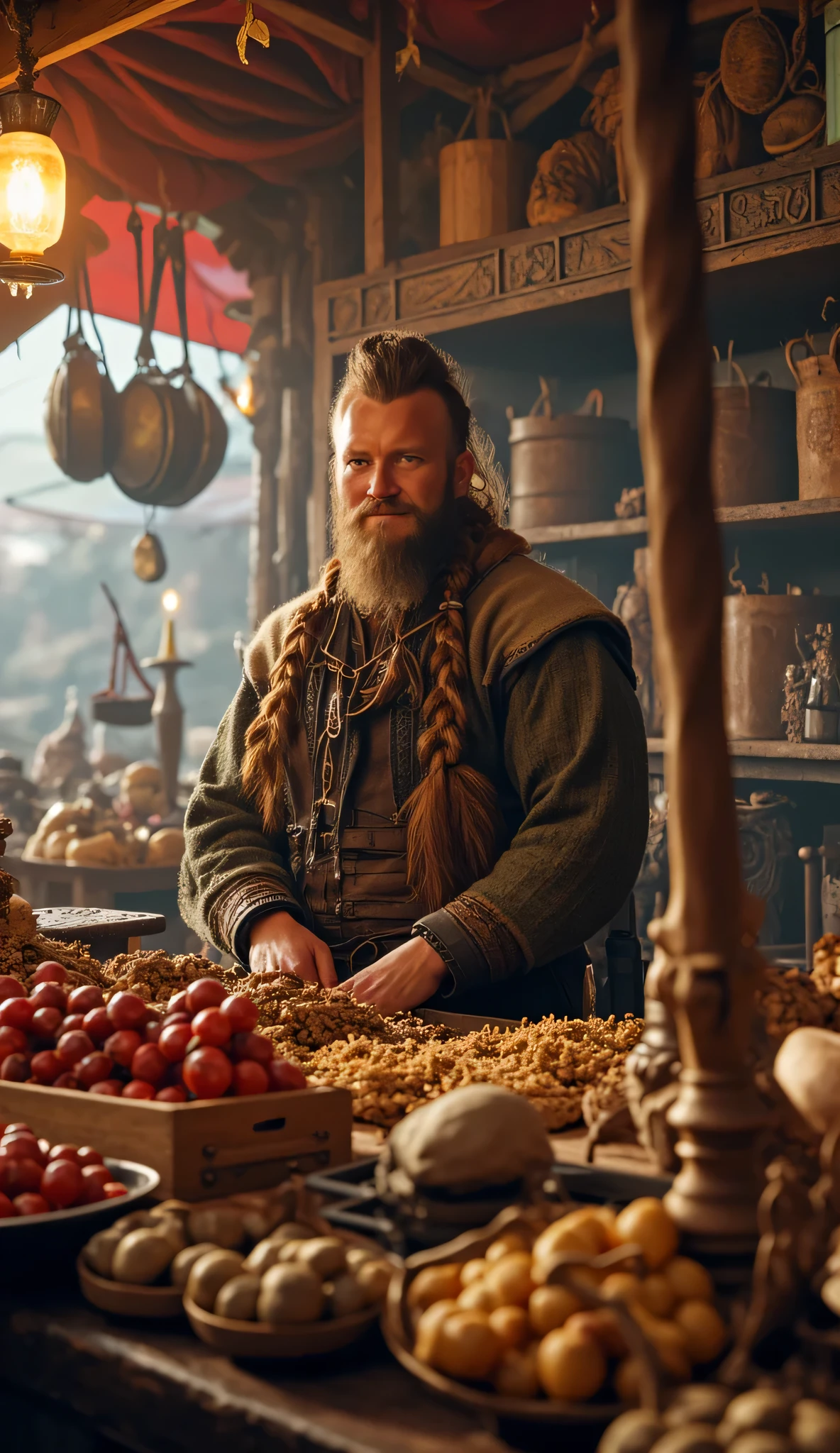 Prompt: Create a stunning ultra HD 8K image using Unreal Engine 5 that features a symmetrically panoramic scenery balanced composition of a realistically handsome Viking male merchant in full body. He is warmly engaging with customers in his merchant shop, surrounded by intricately highlighted goods. The scene should capture a cheerful and life-like expression on his face, showcasing the joy of trading in an ancient medieval Viking port. The background should be a beautifully detailed Viking port, rendered with intricate symmetry and leading lines to draw the viewer's eye. Use the best soft lighting to enhance the realism, ensuring the full depth of field is achieved. Pay special attention to the anatomical accuracy of his hands, showcasing meticulous detail in the rendering of human fingers. Additionally, incorporate elements like shiny hair and a vibrant atmosphere to create a lifelike ambiance, resembling high-quality artwork typically found on platforms like ArtStation and DeviantArt.