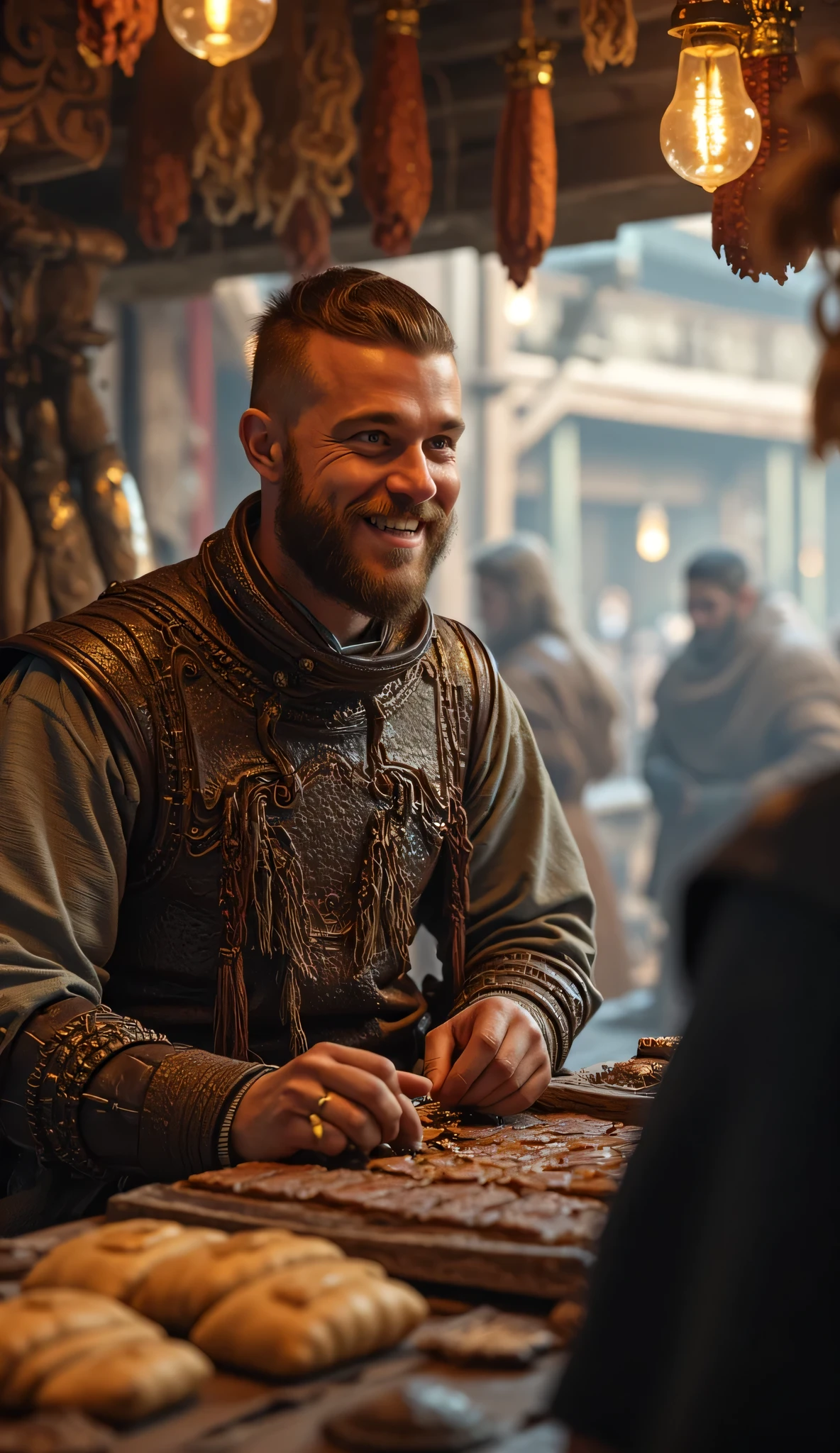 Prompt: medieval era, Create a stunning ultra HD 8K image using Unreal Engine 5 that features a symmetrically panoramic scenery balanced composition of a realistically handsome Viking male merchant in full body. He is warmly engaging with customers in his merchant shop, surrounded by intricately highlighted goods. The scene should capture a cheerful and life-like expression on his face, showcasing the joy of trading in an ancient medieval Viking port. The background should be a beautifully detailed Viking port, rendered with intricate symmetry and leading lines to draw the viewer's eye. Use the best soft lighting to enhance the realism, ensuring the full depth of field is achieved. Pay special attention to the anatomical accuracy of his hands, showcasing meticulous detail in the rendering of human fingers. Additionally, incorporate elements like shiny hair and a vibrant atmosphere to create a lifelike ambiance, resembling high-quality artwork typically found on platforms like ArtStation and DeviantArt.