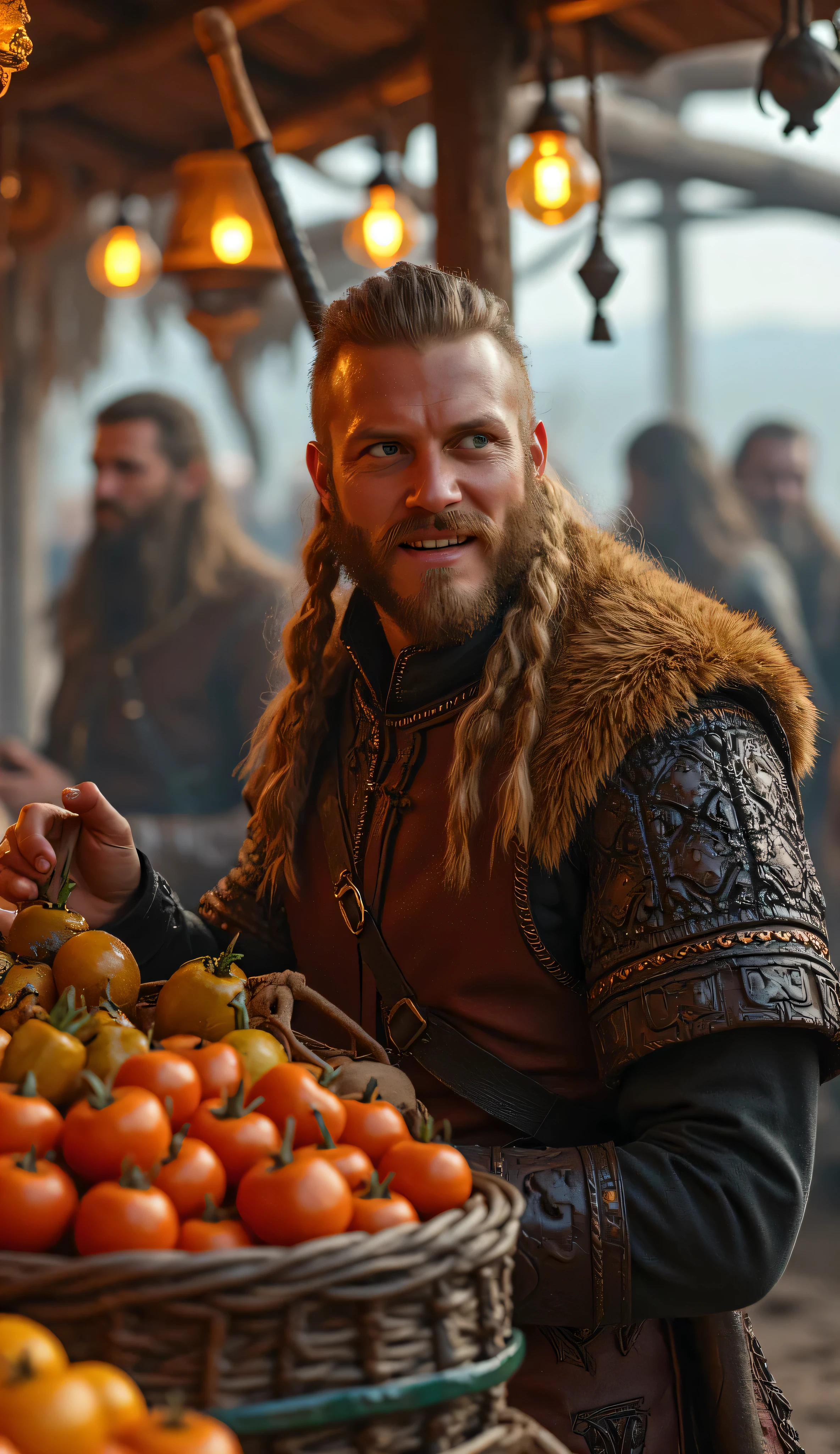 Prompt: Create a stunning ultra HD 8K image using Unreal Engine 5 that features a symmetrically panoramic scenery balanced composition of a realistically handsome Viking male merchant in full body. He is warmly engaging with customers in his merchant shop, surrounded by intricately highlighted goods. The scene should capture a cheerful and life-like expression on his face, showcasing the joy of trading in an ancient medieval Viking port. The background should be a beautifully detailed Viking port, rendered with intricate symmetry and leading lines to draw the viewer's eye. Use the best soft lighting to enhance the realism, ensuring the full depth of field is achieved. Pay special attention to the anatomical accuracy of his hands, showcasing meticulous detail in the rendering of human fingers. Additionally, incorporate elements like shiny hair and a vibrant atmosphere to create a lifelike ambiance, resembling high-quality artwork typically found on platforms like ArtStation and DeviantArt.