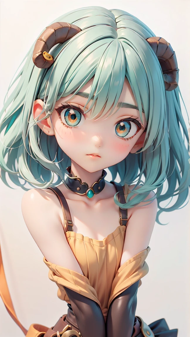 ((Live-2D))   masterpiece,  1 girl,  full body, stands right now,  steampunk clothing ,  military clothing ,  looks at the viewer,  detailed face , girl with green Wave hair , pony , Metal sheep horns , gradient hair,  Multicolor Hair , light green hair,  turquoise hair tips, Wave hair , Gradient eyes ,  orange eyes , (  simple background ,  white background : 1.3)