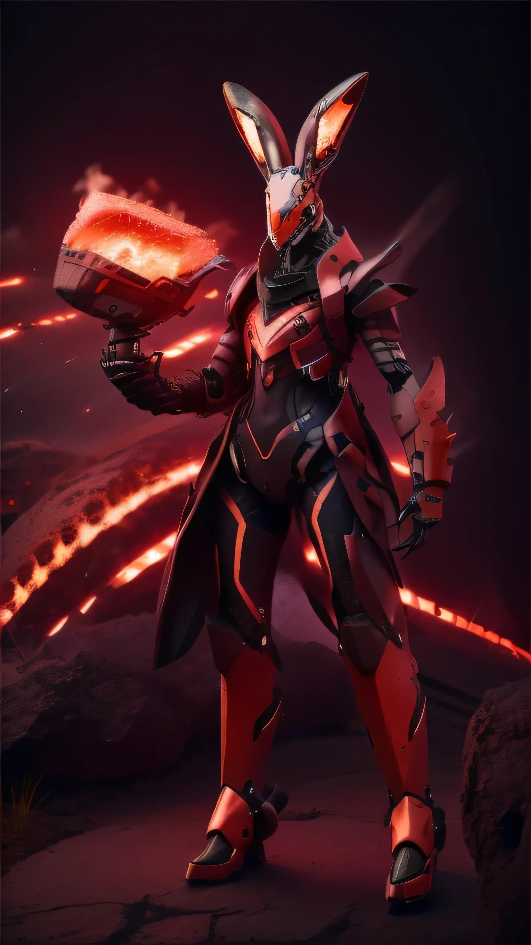 a slender rabbit robot with red and orange armor with black stripes. There is a laser cannon on his arm around the volcano