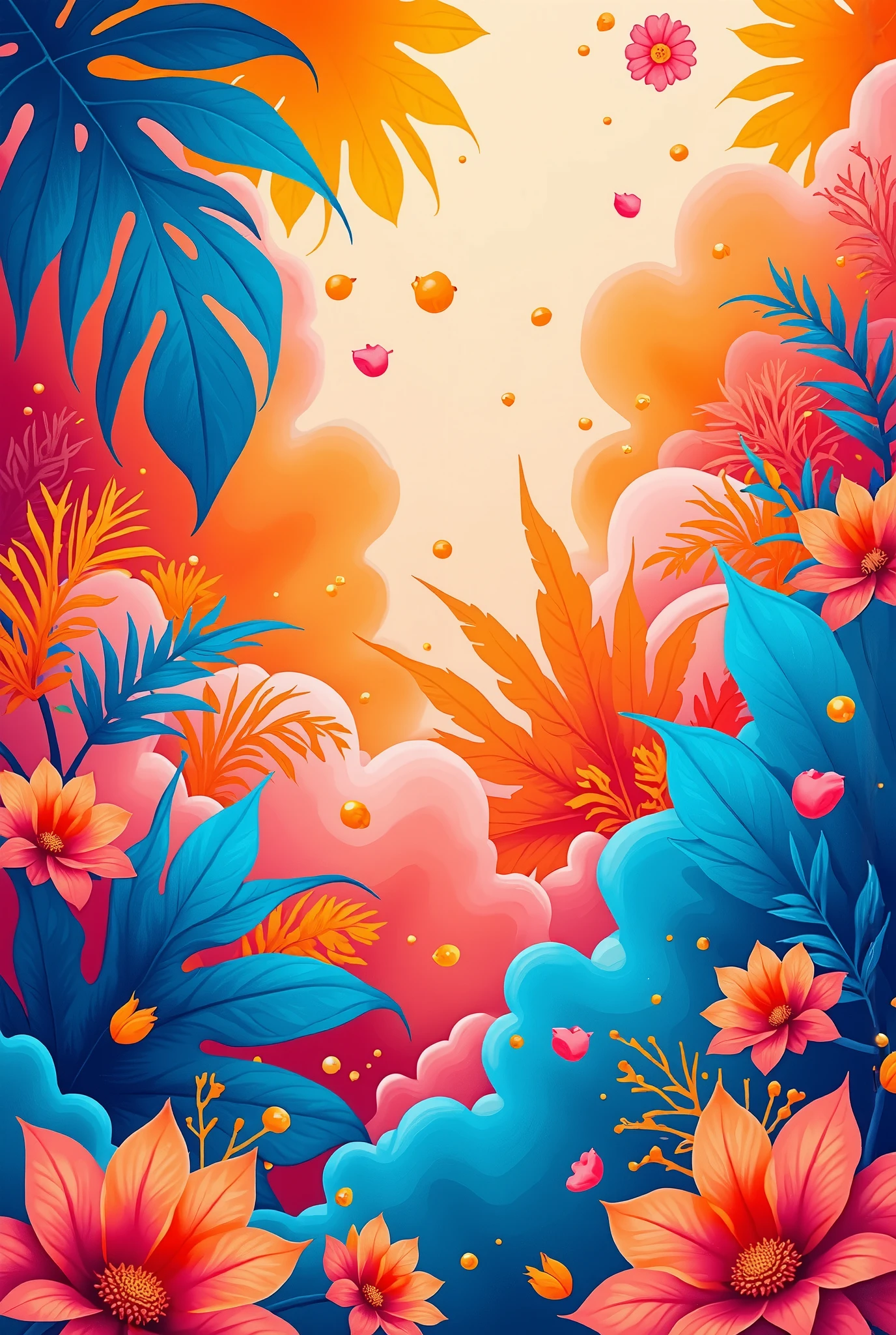 A hyper-saturated abstract composition bursting with summer’s energy, blending [citrus orange + electric turquoise + flamingo pink] gradients. Mimic textures of melting popsicles, sun-bleached coral reefs, and heat-haze distortions. Incorporate translucent layers of palm frond silhouettes (abstracted into jagged shards), shimmering golden light flares, and organic splatters resembling fizzy tropical drinks. Style: Chaotic harmony, ultra-detailed 8K resolution, seamless repeatable pattern, no symmetry or recognizable shapes. Mood: Joyful, scorching, and iridescent