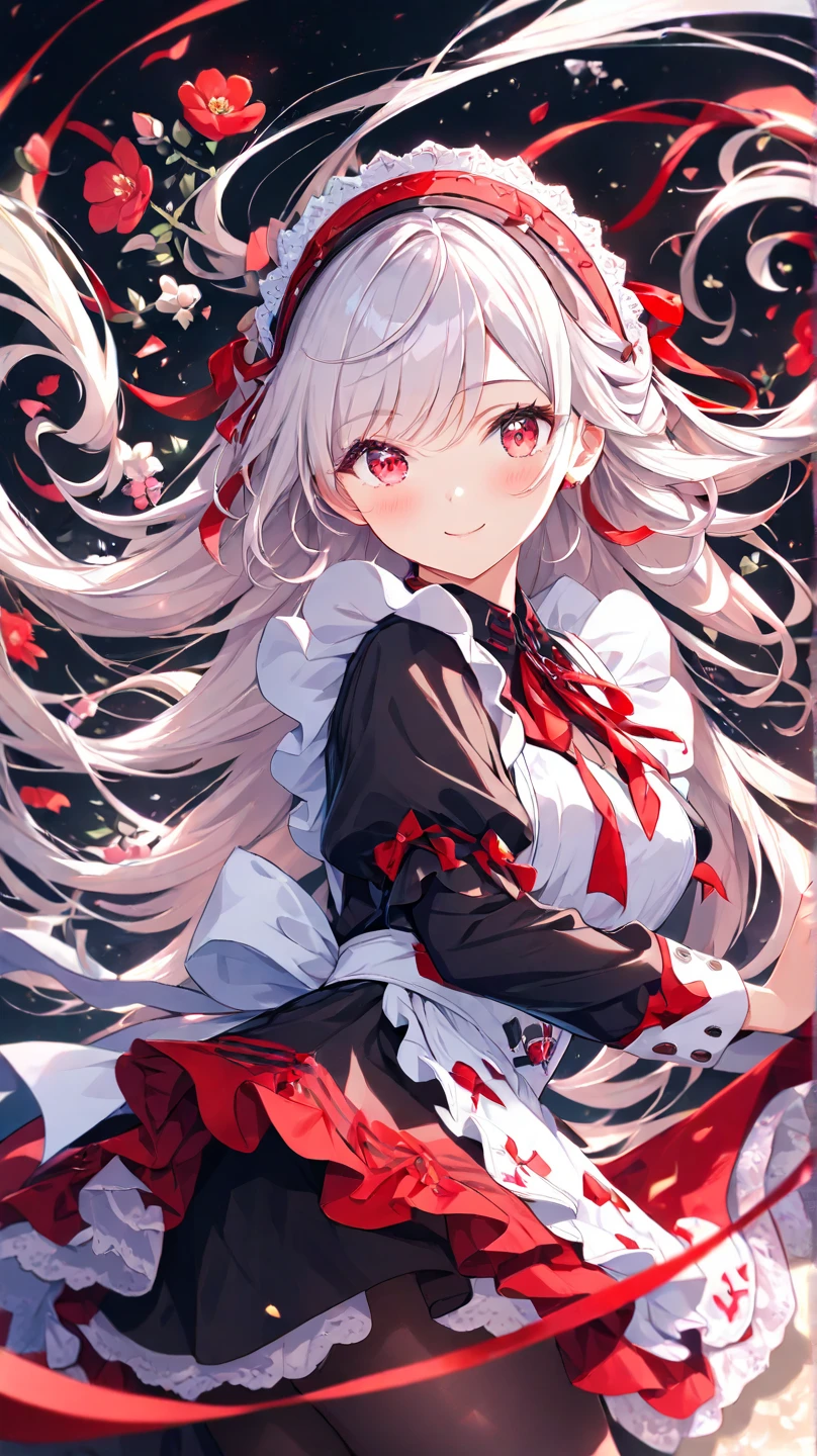 ( Masterpiece), ( best quality ), ( very detailed),(),(illustration), ( 1 girl) gently staring , Scarlet Eyes with Beautiful Details, Delicate beauty, 色とりどりに咲くflower (Shine), faces with pubic hair( wink、 close one eye), bangs, flower, flowing hair , Best Shadow, perfect hand、 cute wearing a maid、 gentle smile、 wink( close one eye、 hide one eye with hair) Sexy Style 、Moderate breasts、 Silver Hair、Red maid outfit、big red ribbon 、 cute smiles 、 blushes、I love you、 black tights、 cinematic style 、 close one eyeポーズ、 moist eyes
