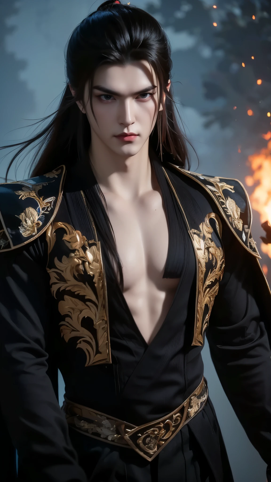 Vuong Lam's portrait is beautiful, emotionless, exuding a cold, majestic temperament tinged with loneliness. His deep, piercing blue eyes looked at his opponents, reflecting his perseverance and an incomprehensible inner world, shaped by countless trials. His handsome, sharp face exudes determination and intelligence. His flowing red hair in the ancient Tien Hiep style further enhances his elegant appearance. He wears an exquisite period costume, battle scars - blood on his face and pale lips - mark his recent struggle.The image is a dynamic, digital artwork featuring a stylized figure with exaggerated, muscular humanoid form. The central figure is cloaked in dark tones, providing a silhouette-like appearance against the fiery background. The figure's pose suggests motion and power, with outstretched arms and a defiant stance that gives the impression of confident action or thunderous arrival. The background bursts with vibrant red flames. Original cinematography
