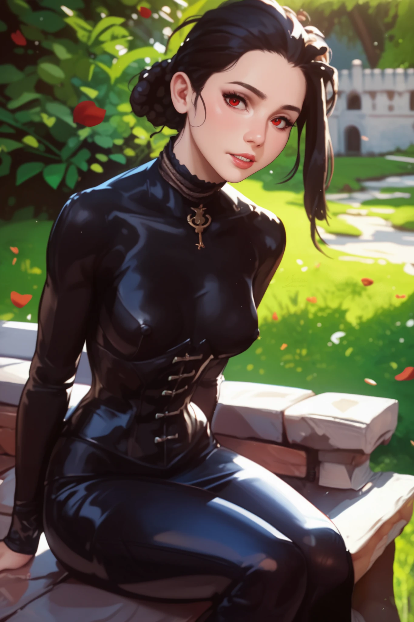 ((photorealistic:1.4)), finely detail, full-body shot, detailed full body features, ((1 girl)), ((solo)), naked girl with small breasts getting dressed into medieval clothes. girl has short black hair in a ponytail and red eyes. slim body, sweating, smiling. medieval bath-house in background. , sex, sexy, erotic pose, sexy pose, sex position. (small breasts 1.6)