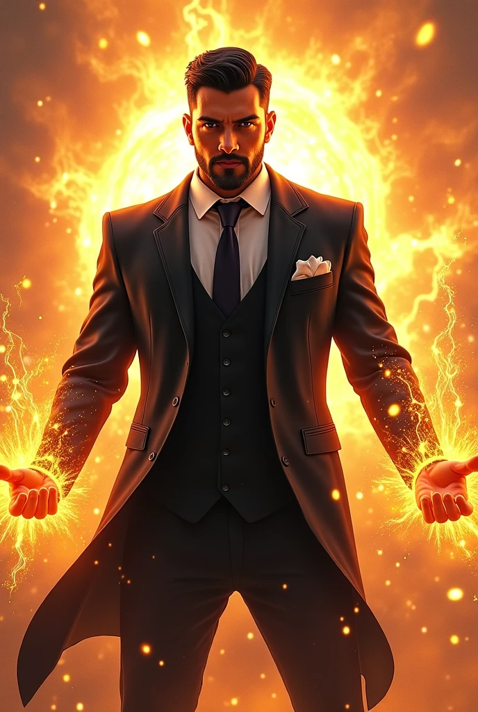 Executive man with lightning bolts in his hands and tie celebrating sale, nos olhos ele tem raios saindo, and around it has a lot of strength and power as if it were a superhero. I can call him the Galactic Salesman.