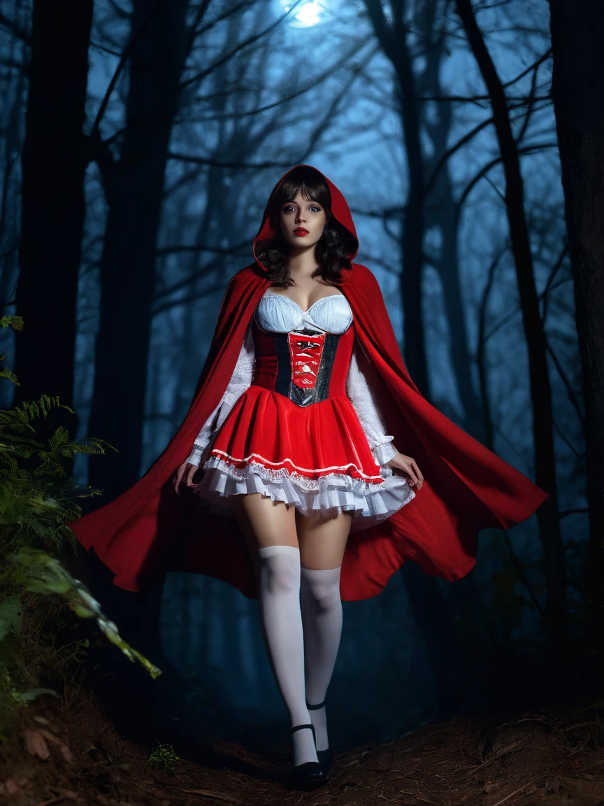 Imagine a beautiful woman in front of the viewer in the foreground wearing a very short red dress with a wide bottom, (similar to a red riding hood), she is holding white gloves, legs crossed, garter belts, in the middle of a forest, discreet lighting. , horrible atmosphere, fog, very detailed, best quality, digital design, around the image is worn, horror, digital design, neon highlights