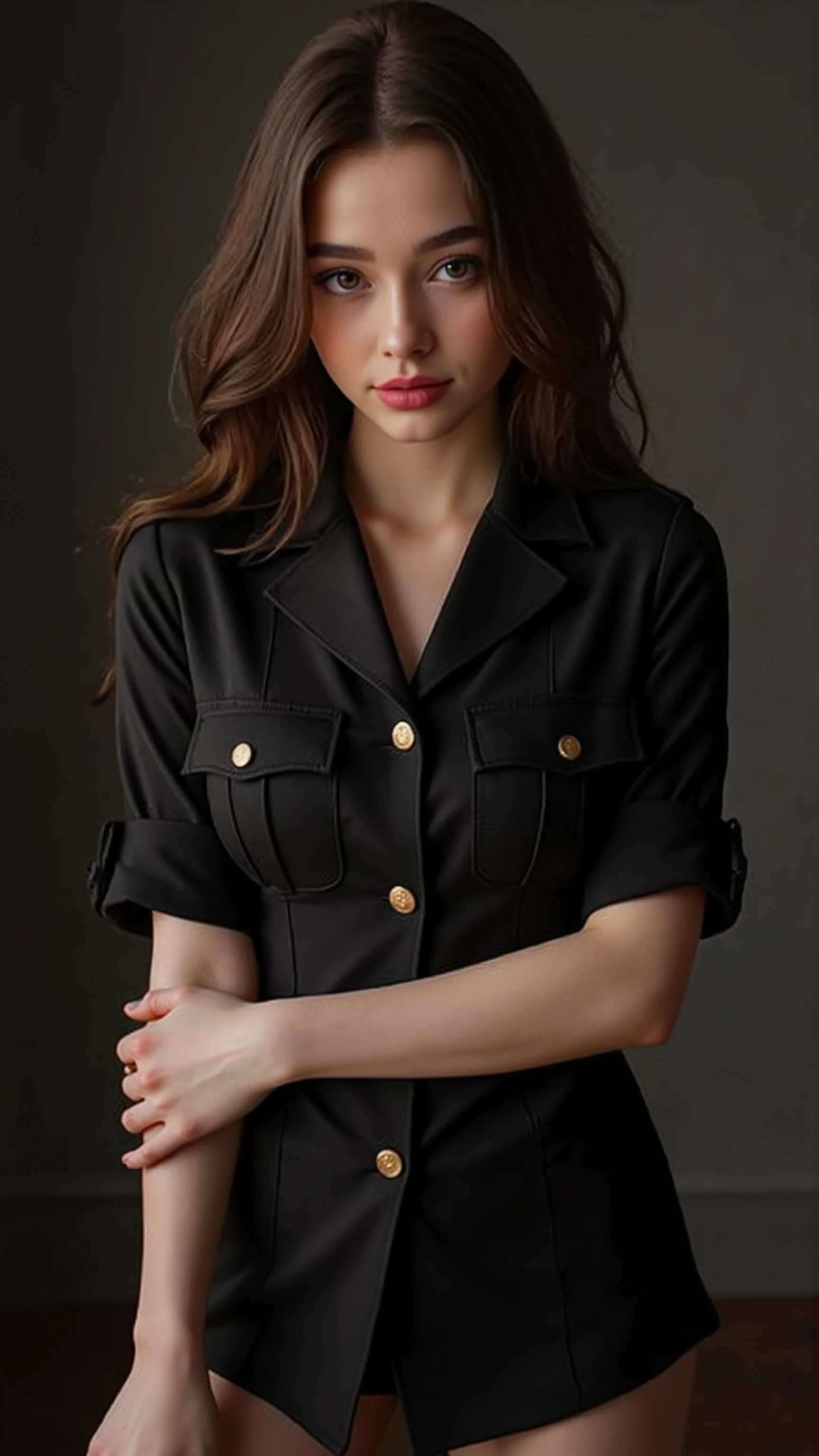  quality & silent:

full body photo, (8k Ultra HD,  erotic cover photo, photorealistic,  masterful lighting ,  cinematic lighting,  ultra-detailed eyes , Lips & hair, razor sharp, flawless skin,  dramatic light  &  shadow contrasts ).
🎭 Scene &  background:

    Neutraler Studio- background – sanftes Bokeh oder monochrome Farbverläufe für stilvolle Eleganz.
    Different lighting — high-key for fresh radiance ,  low-key for a mysterious ,  dramatic atmosphere .

👩 Figure & Styling:

     female model inspired by Alicia Melchiott  & Anya Taylor-Joy.
     Seductive cowboy military look — stylized military uniform with short sleeves ,  figure-hugging cut ,  fine fabrics with fine details .
    Headdress & Twintails – sanft fallende hair mit akkuratem Styling.
    necktie & Thighhighs – betont die schlanke Figure und setzt verführerische Akzente.

📷 Pose & Facial expressions:

     image section :  head down to chest  (Cowboy Shot).
     different viewing angles :  Straight into the camera ,  over your shoulder ,  slight head tilt with intense charisma .
    Variierende Facial expressions:  Confident smile, playful look,  gentle seduction .
    Dynamische Pose:  crossed arms accentuate the posture , Hands light on neck or tie for a sensual touch .

✨ A top-class , professionelles Shooting mit Military-Erotik &  stylish elegance . ✨