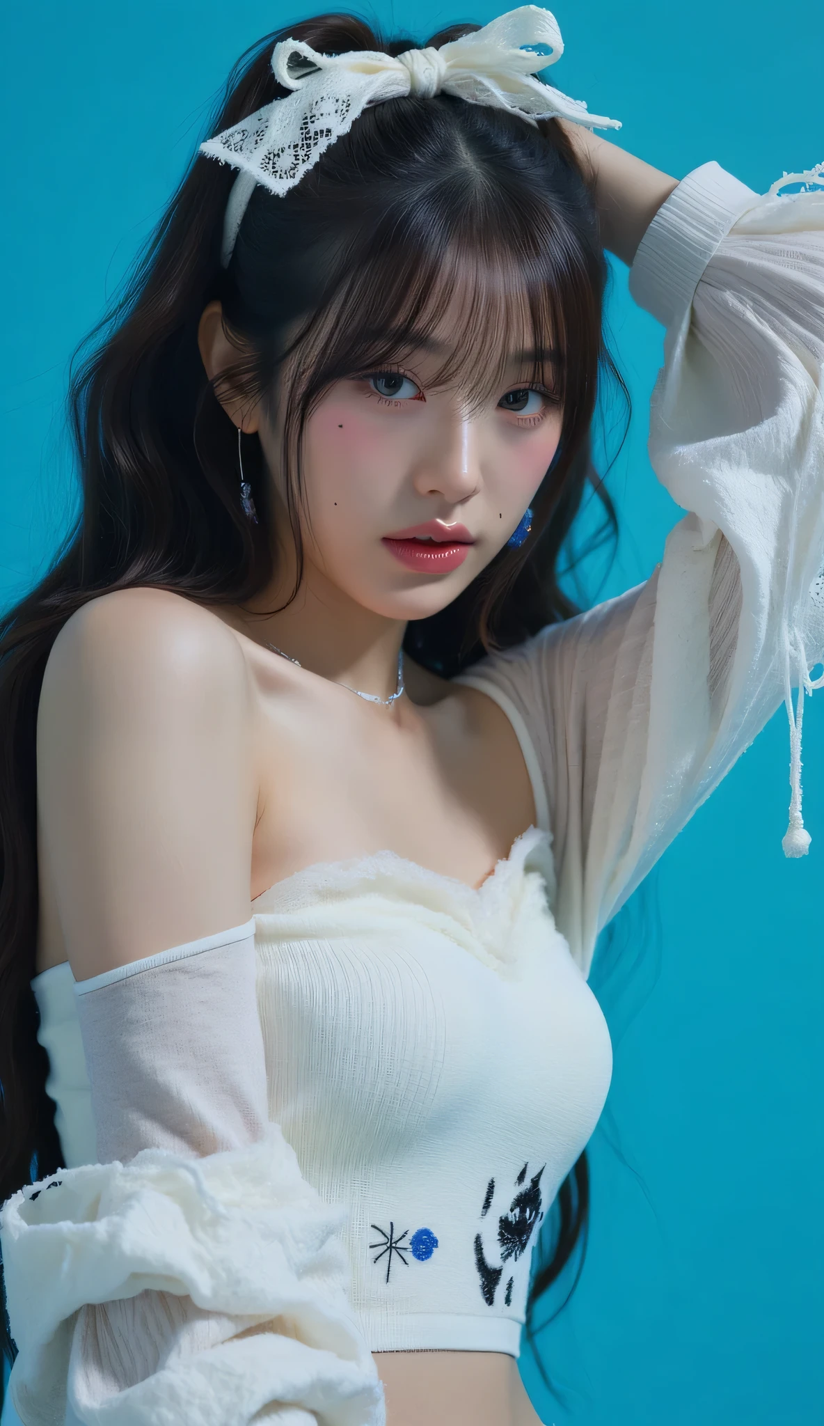 32k, Masterpiece, Top Quality, (Korea's Beautiful Women) Close-up, arm behind head, eye-level, long wavy dark brown hair, white lace bow, white bra, (underboob: 1.2), cat print, dark chipped, space print, black detailing, bright blue background, playful, youthful, whimsical, edgy, bright lighting.