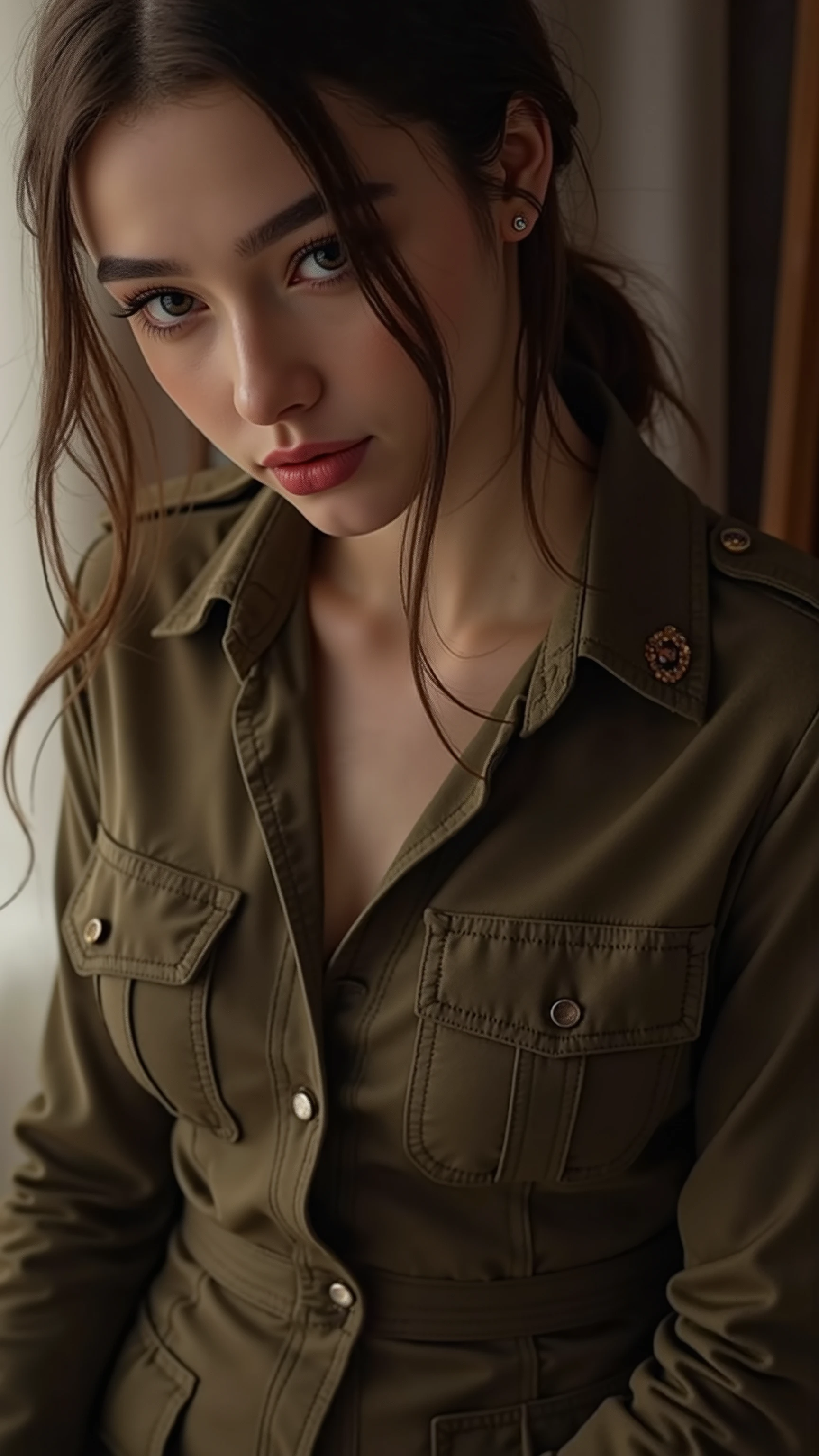 quality & silent:
full body photo, (8k Ultra HD, erotic cover photo, photorealistic, masterful lighting , cinematic lighting, ultra-detailed eyes , Lips & hair, razor sharp, flawless skin, dramatic light & shadow contrasts ).
🎭 Scene & background:
Neutraler Studio- background – sanftes Bokeh oder monochrome Farbverläufe für stilvolle Eleganz.
Different lighting — high-key for fresh radiance , low-key for a mysterious , dramatic atmosphere .
👩 Figure & Styling:
female model inspired by Alicia Melchiott & Anya Taylor-Joy.
Seductive cowboy military look — stylized military uniform with short sleeves , figure-hugging cut , fine fabrics with fine details .
Headdress & Twintails – sanft fallende hair mit akkuratem Styling.
necktie & Thighhighs – betont die schlanke Figure und setzt verführerische Akzente.
📷 Pose & Facial expressions:
image section : head down to chest (Cowboy Shot).
different viewing angles : Straight into the camera , over your shoulder , slight head tilt with intense charisma .
Variierende Facial expressions: Confident smile, playful look, gentle seduction .
Dynamische Pose: crossed arms accentuate the posture , Hands light on neck or tie for a sensual touch .
✨ A top-class , professionelles Shooting mit Military-Erotik & stylish elegance . ✨