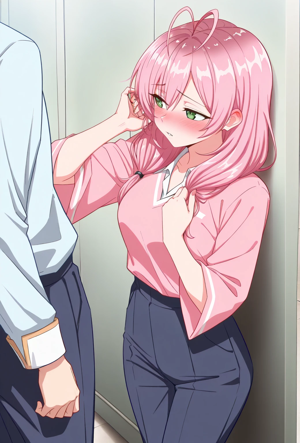 NSFW,1 girl,shikimorimicchon,,Micro Mini Skirt,High-quality lingerie,Half-naked,(Perfect hands),(Perfect Anatomy),(masterpiece),(highest quality),Embarrassed,blush,locker room