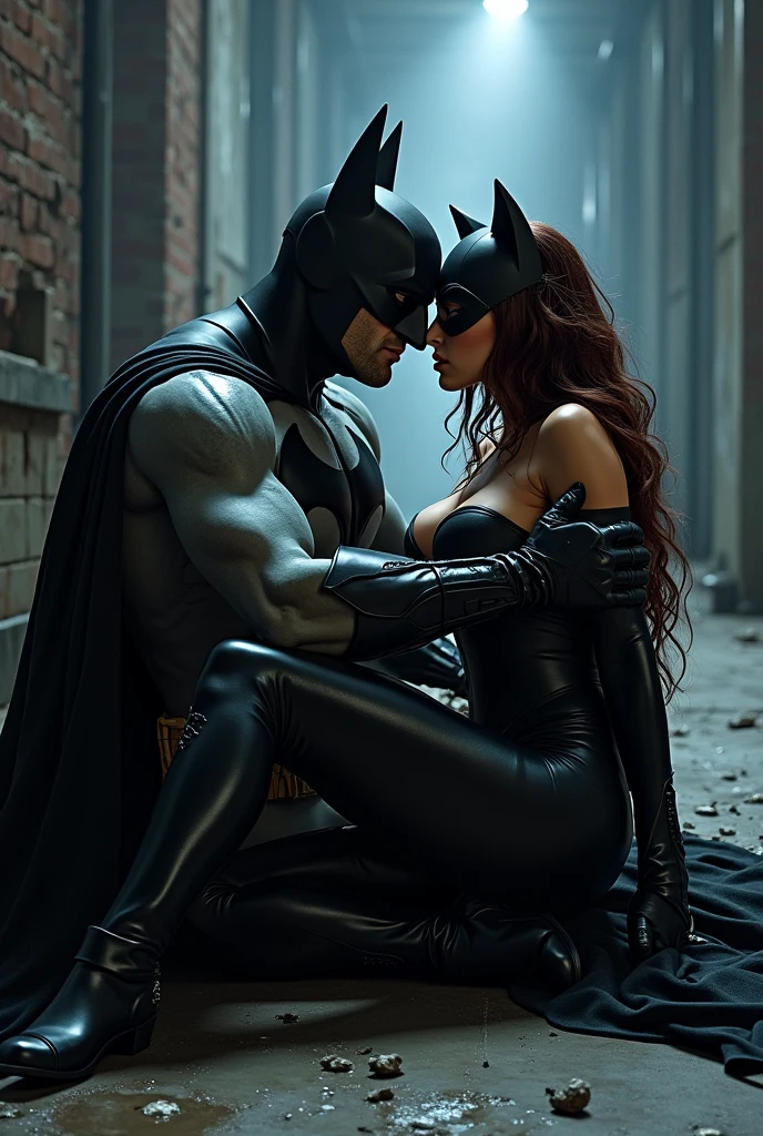 Damon Salvatore, a hot muscular gothic guy in a Batman suit without the mask, stands behind a red-haired Catwoman, his hands tracing the curves of her waist. They are perched on the edge of a building, overlooking their next target. Catwoman leans back into him, her head tilted slightly to the side, exposing her neck. Damon’s lips are just inches from her neck, as if he's about to kiss her. The anticipation of the upcoming mission heightens their senses.