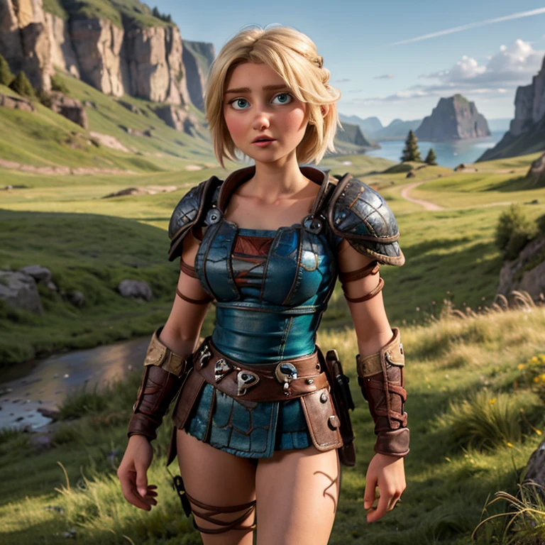 8K, ultra HD, super details, high qualiy, high resolution. The heroine, Astrid Hofferson, looks beautiful in full body photo, Your body is sculptural, her short blonde hair is tied up, in perfect combination with your white skin, your bright blue eyes hypnotize everyone. She is wearing a Viking warrior outfit. She is very sexy, drawing attention to her big breasts and thick legs.