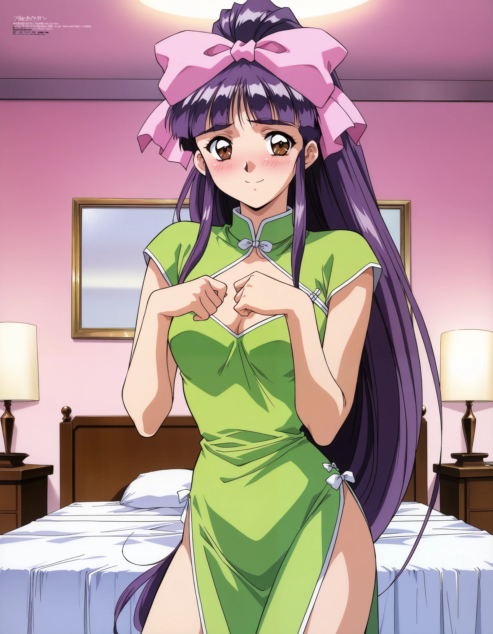 one girl, Alone, (cowboy shot), Midou _ miko, pink 弓, purple hair, long hair, hair bow, brown eyes, ponytail, bangs, 1990s ( style), small breasts, cleavage, (cheongsam dress), (shy:1.1), (blush), (smile), ( sexy pose), bedroom, ( hotel), score_9, score_8_superior, score_7_superior, source_ anime, (best quality:1.2), Masterpiece, high quality, full color, 8k, high resolution, front light