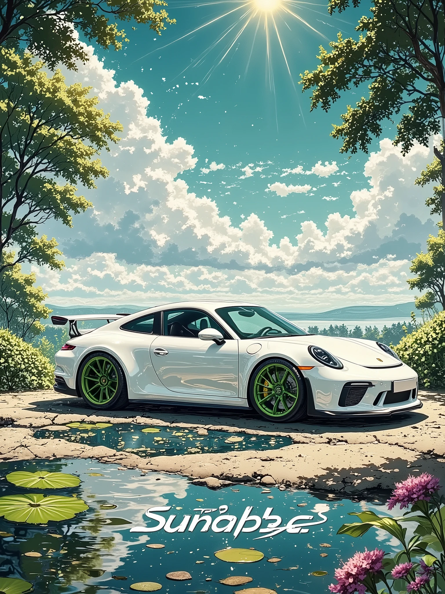 A white Porsche 911 sports car is the central subject, positioned in the mid-ground and slightly angled towards the viewer's right. The car is stylized with green accents on its wheels and bodywork. The composition is focused on the car and its design elements. The car appears as a stylized illustration, not a photorealistic depiction. The background features a dynamic backdrop with shades of teal, deep green, and a muted brown. Abstract graphic elements and splatter effects are overlaid on the background. The Porsche logo/wordmark is prominently displayed below and slightly to the left of the car. The overall style is graphic and contemporary, suggestive of a promotional poster or digital artwork. The lighting is bold and stylized, emphasizing the car's form and curves. The perspective is from a slightly elevated angle, focusing on the car’s features. The colors are vibrant and energetic, creating a dynamic and engaging aesthetic. The atmosphere is a blend of contemporary design and car enthusiast appeal.