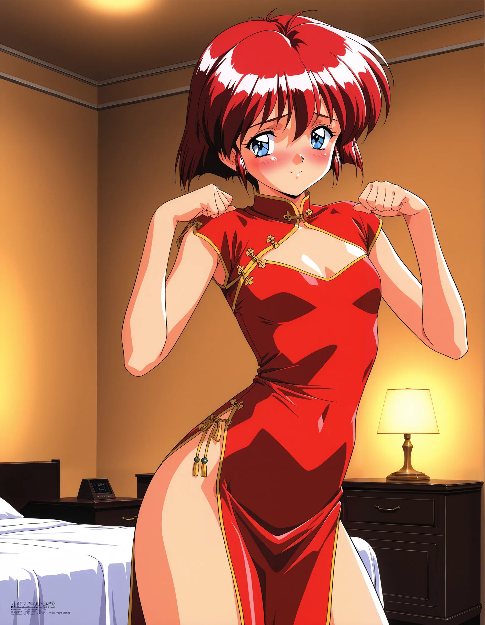 one girl, Alone, (cowboy shot), machine_hikari, red hair, short hair, blue eyes, bangs, small chest, 1990s ( style), small breasts, cleavage, (cheongsam dress), (shy:1.1), (blush), (smile), ( sexy pose), bedroom, ( hotel), score_9, score_8_superior, score_7_superior, source_ anime, (best quality:1.2), Masterpiece, high quality, full color, 8k, high resolution, front light