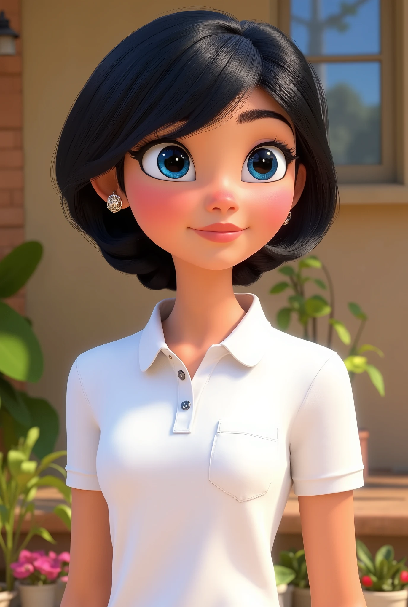A girl of around 18 years old, black hair, chanel cut, Asian descent, blue eyes, smiling, wearing a white polo shirt with a pocket without details on the chest, pixar style image, extending from the waist up