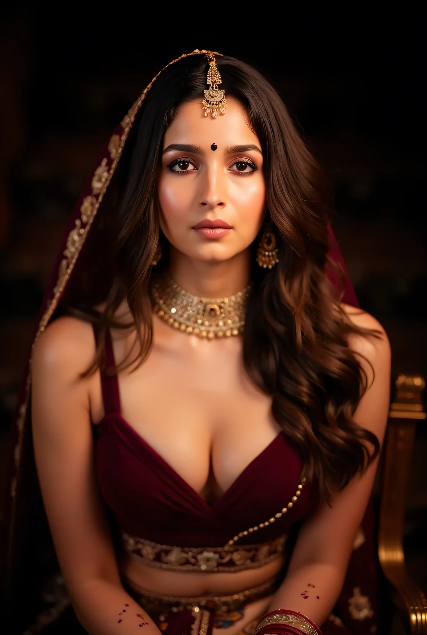 woman, beautiful face, portrait, sitting on a chair, extreme cleavage, body facing camera, face facing camera, beautiful slim very pale indian woman, dusky skin, hindu bridal makeup, bangles,maroon bridal veil, dark maroon bindi forehead, necklace, earring, in a palace,gorgeous symmetrical face, loving gaze, High Resolution, Looking at viewer, Masterpiece, Anatomically Correct, Best Quality, Super Detailed, UHD, Award Winning, Best Quality, Detail, High Details, Super Detailed, Accurate, long wavy brown Hair, Portrait Photography, dark background, golden hour