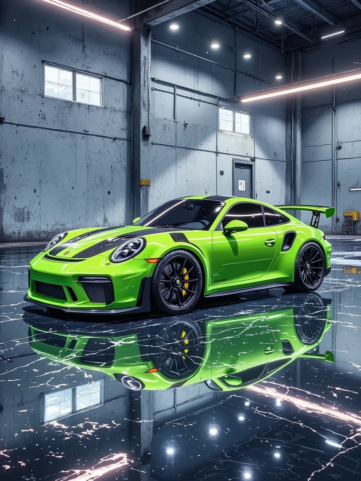 A vibrant lime green Porsche 911 GT3 parked in a large, industrial-style garage. The car is positioned slightly angled to the left of center within the frame, its reflection visible on the wet, dark-gray concrete floor. The car's body shows sleek lines and intricate design elements, with black stripes highlighting its sporty features. The lighting is focused on the car, creating dramatic highlights and shadows, while the overall tone is modern and dynamic. The garage walls are a muted gray-blue, with the texture of the concrete and metal supports clearly visible. Water droplets or reflections are visible on the wet floor, adding depth to the image. The perspective is roughly at ground level, providing a detailed view of the car's form. The composition is centered on the car, with the reflective floor surface adding visual interest. The scene conveys a sense of sleekness, power, and modern automotive design.