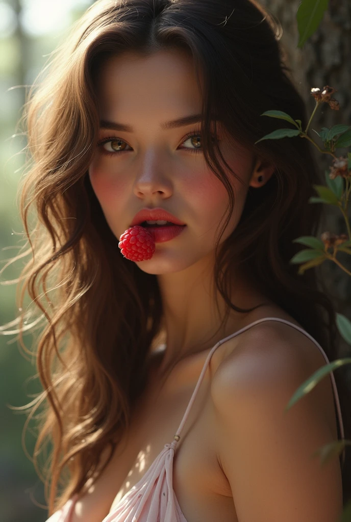 Realistic woman aged 25 to 35, in park, salmonete, chestnut hair, brown eye eating acai in the park, ultra HD, high qualiy, best qualityer, high resolution, 8k, 16K