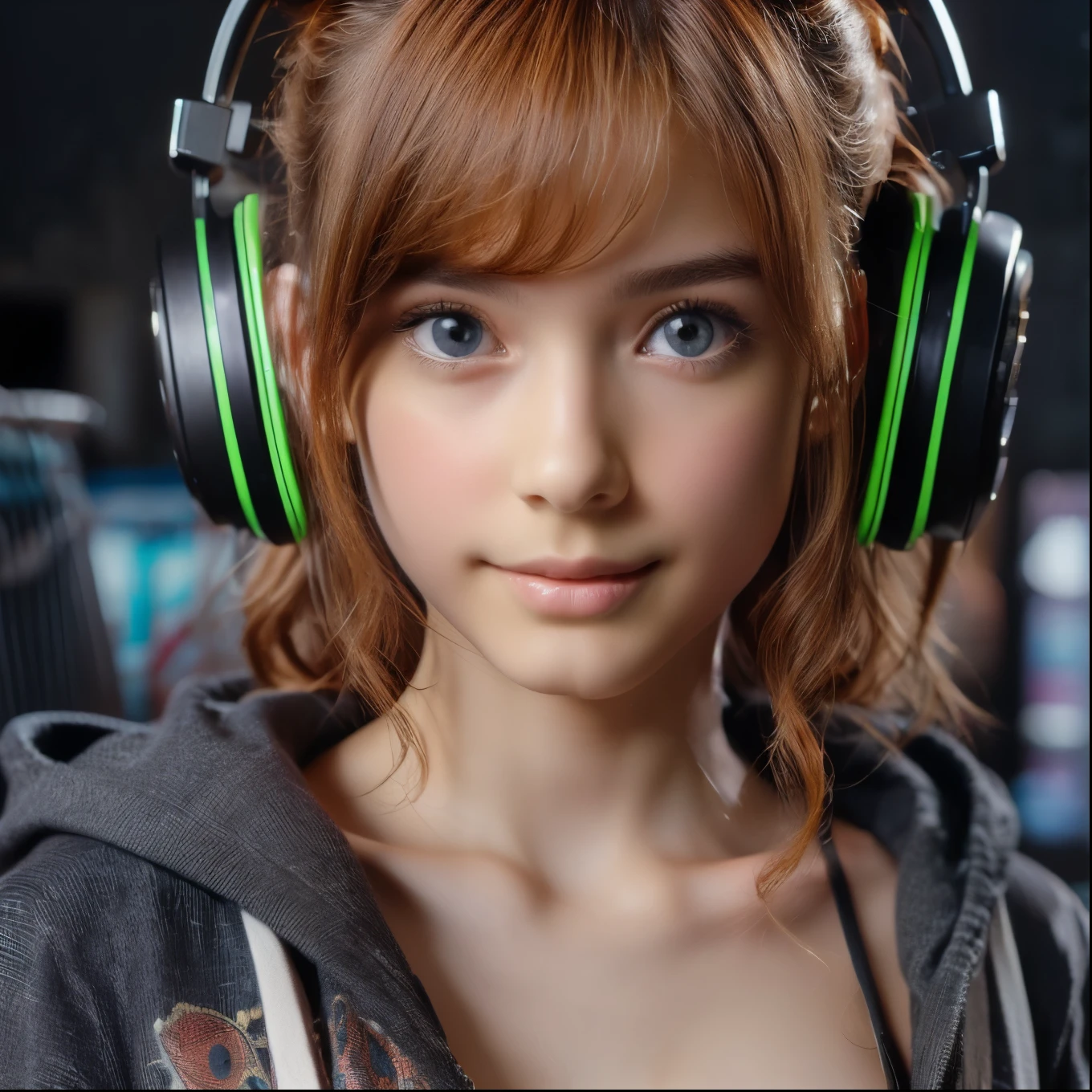 Russian child girl long dark hair straight, put on headphone jack and change into a cyberpunk green coat but do not change the face, gray background. --auto --s2