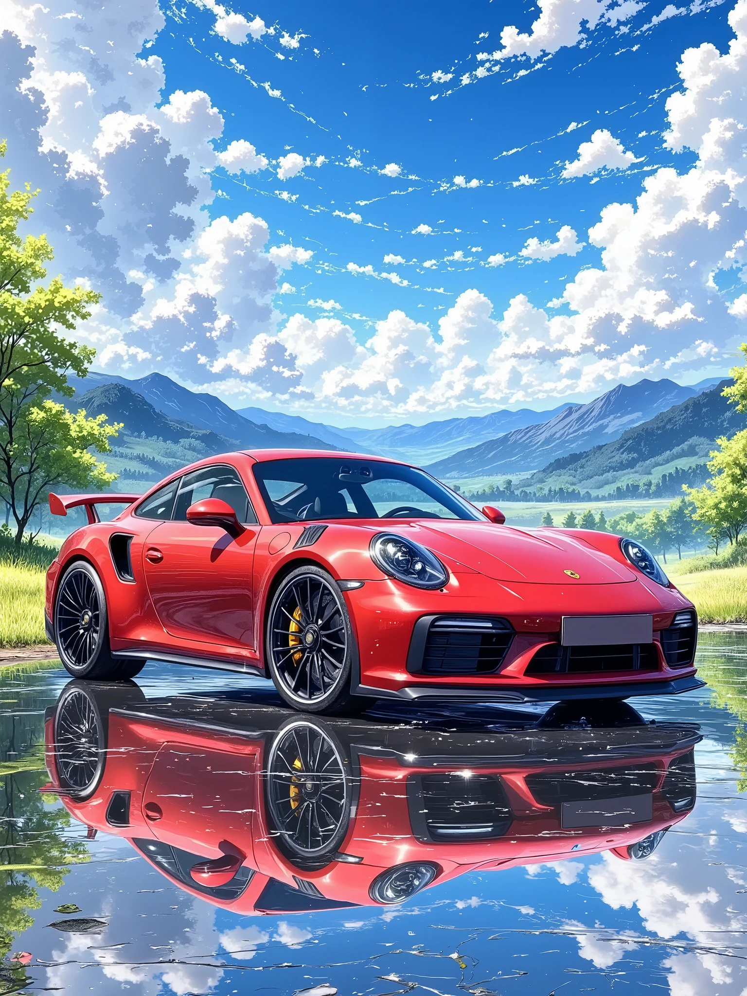 A vibrant red sports car, specifically a Porsche 911 Turbo, is positioned prominently in the foreground, angled slightly to the right. The car's sleek design showcases smooth curves and aggressive features, including large air intakes and distinctive headlights. The surrounding environment is lush and mountainous, with verdant hills in the background that create a striking contrast against the car's vivid color. The sky is filled with dynamic clouds of varying shades of white and gray, scattered across a bright blue backdrop, hinting at an impending storm. Reflections of the car shimmer on the wet ground, adding depth and a glossy finish to the scene. Natural light enhances the car's details, giving it a polished look. The composition captures a low-angle perspective, emphasizing the car’s sporty stance and accentuating its dramatic silhouette against the expansive sky. The overall atmosphere is one of excitement and adventure, hinting at the thrill of driving in a scenic landscape.
