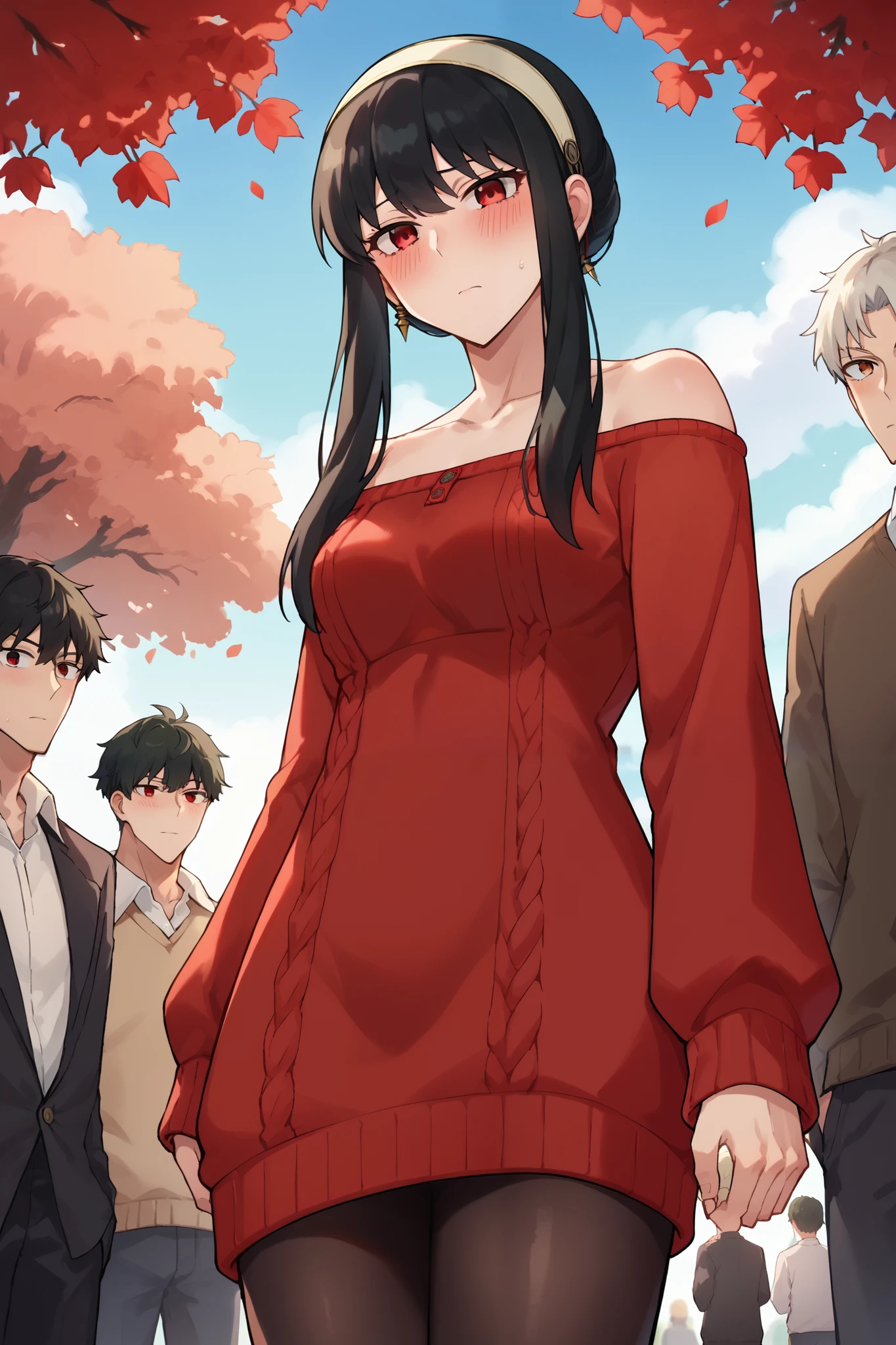 score_9, score_8_above, score_7_above, source_anime,Yor Briar, black hair, red eyes, in this, in this grab, hands on in this, toys, white hair band , hair band , long hair, sidelocks, bare shoulders , collarbone, dress, long sleeves, outside shoulder shirt , off-shoulder dress, saggy shoulder sweater, pantyhose , red sweater, sweater, sweater dress, thighs, he finished, from below, behind, in this, embarrin thised, outside, Cherry trees, looking at the viewer , seductive, Blush, coçando a in this, In a crowd
