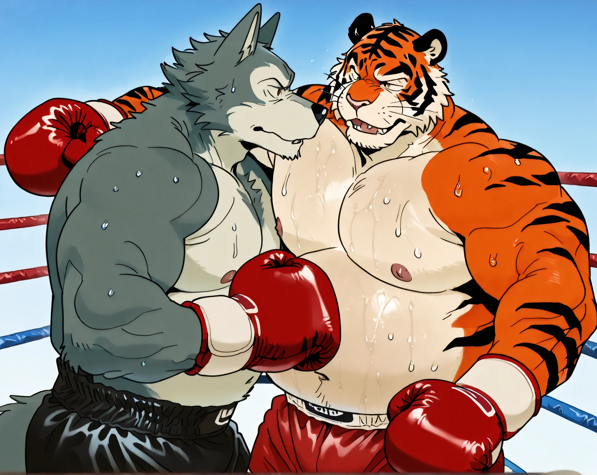 L3gosh1, Beastars, male, Wolf,heavyweight boxer,big belly body, muscular, high athletic ability , male性, Bill Bear Stars , male, anthro , bengal Tiger, Tiger, brown eyes, heavyweight boxer,big belly body, muscular male, high athletic ability build, orange hair, black stripes , FLAT COLOR , Flowing sweat,Swollen body , tired look、groggy、 drool、 heat rising from the body、 shirtless, boxing ring , Two letters , CHALK HOLD , bulging muscles , tattered、boxing match, Looking at Each Other, boxing, boxing_ gloves, boxing_ shorts, hit、((Wolfのボディアッパー))、 dirty body