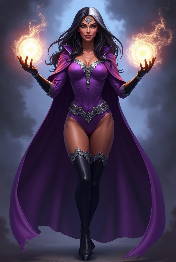 ((stsapph2024)) a beautiful ((lady death )) with ((green skin)), curly black hair, (((wearing a violet suit))), floating in space, 5 detailed fingers, high quality, masterpiece, photorealistic, raw photo, depth of field, full body