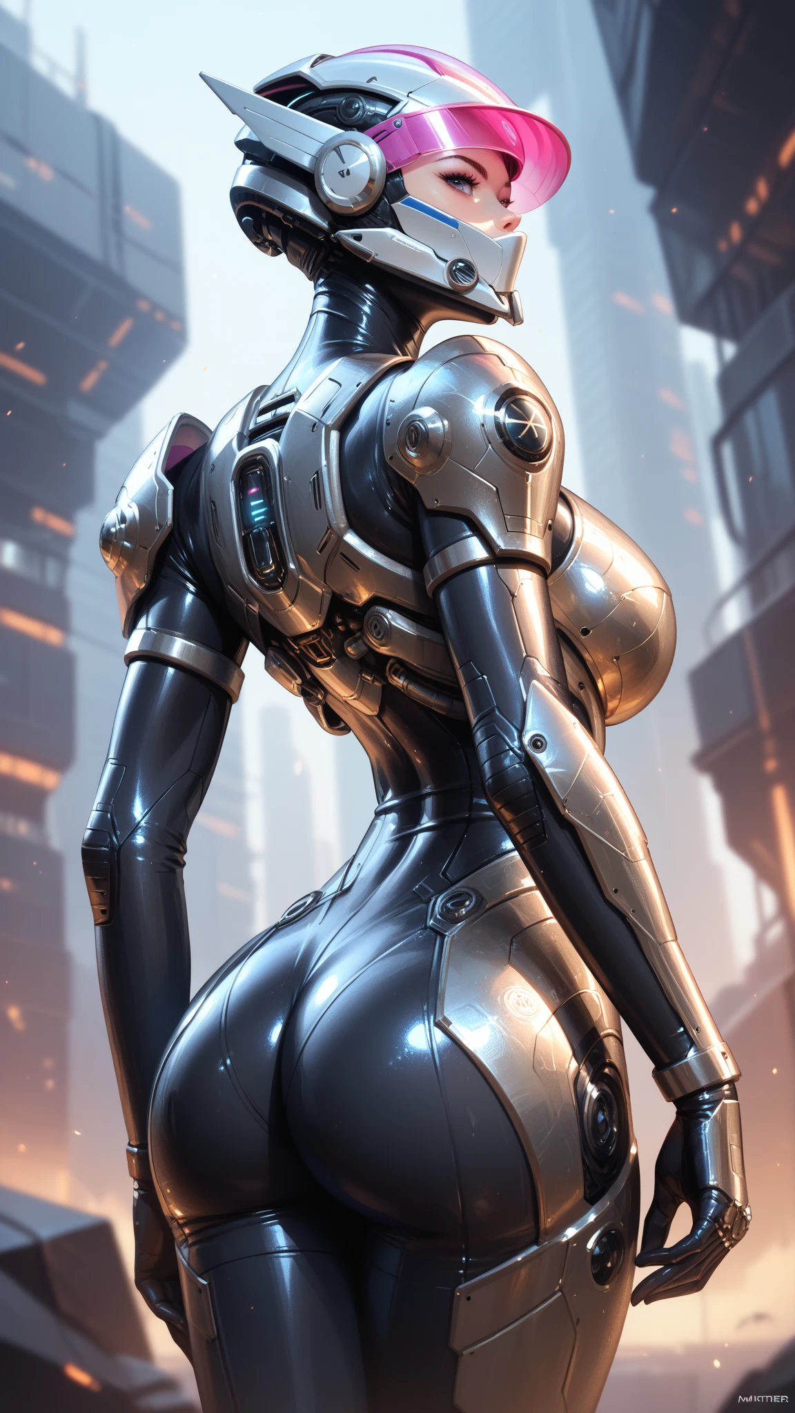 Dystopian, [sci-fi], High Detail RAW color Photo, Full Shot, rear angle, of (cute female arterial intelligence, wearing see-through white chemise), outdoors, standing, on overlook, looking out at sprawling cyberpunk city skyline), toned physique, large ass, (pale skin), perfect face, seductive look, (cybernetic implants:1.2), (augmentations), (cyborg:1.1), (detailed skin, diffused skin pores), silicone, metal, (highly detailed, fine details, intricate), (lens flare:0.5), (bloom:0.5), smog, dust, (badlands:0.8), (observitory:0.7), raytracing, specular lighting, shallow depth of field, photographed on a Sony Alpha 1, EF 85mm lens, f/2.8, hard focus, smooth, cinematic film still, [Cyberpunk:Orwelian:12]