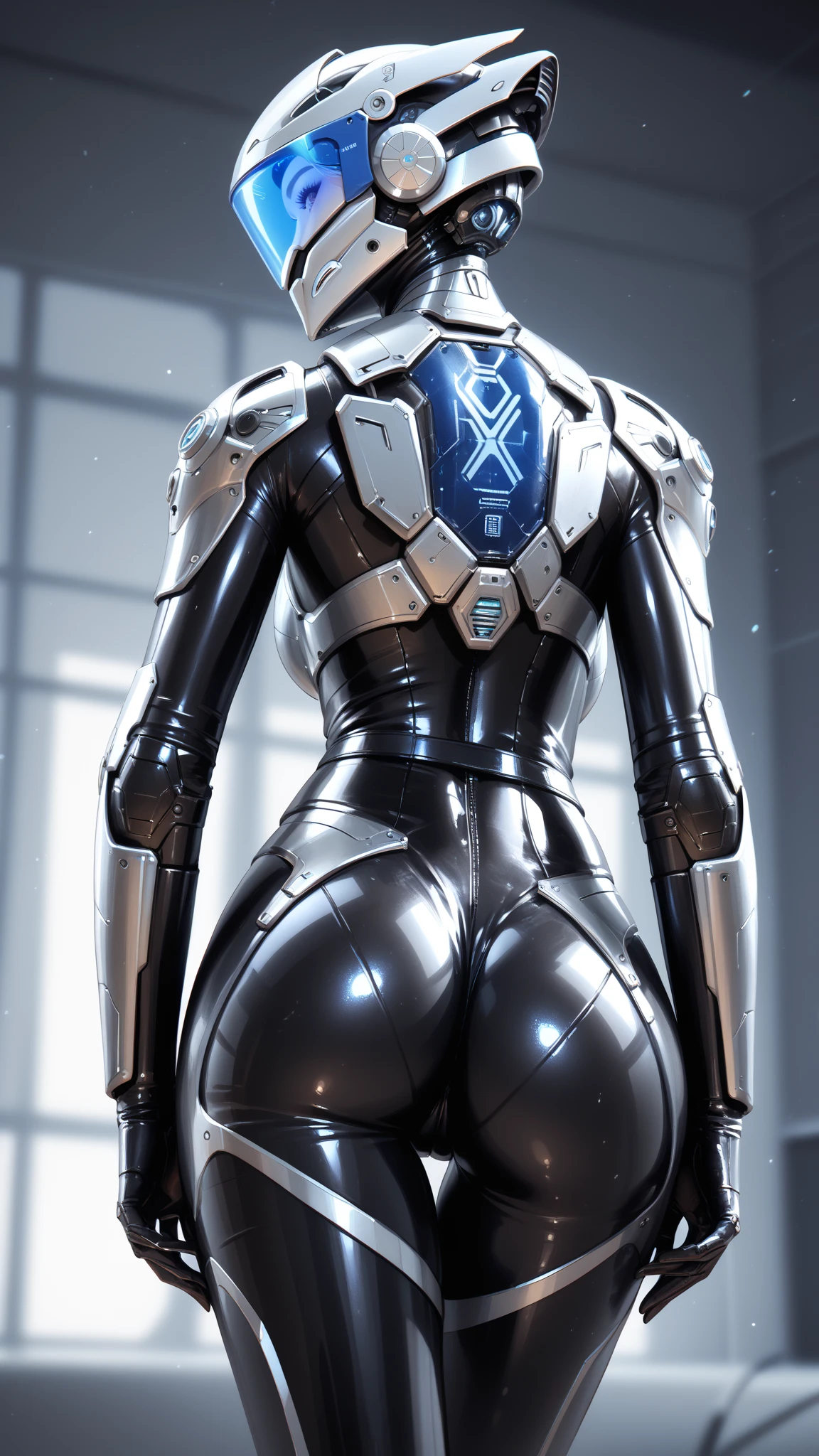 ((best quality)), ((masterpiece)), (detailed), Ghost in the Shell, tron Legacy, cyborg, elegant woman, cyberpunk, big breasts, short red hair, her body is very colorful, open legs, sunlight on her skin, sensual body, shot from behind.