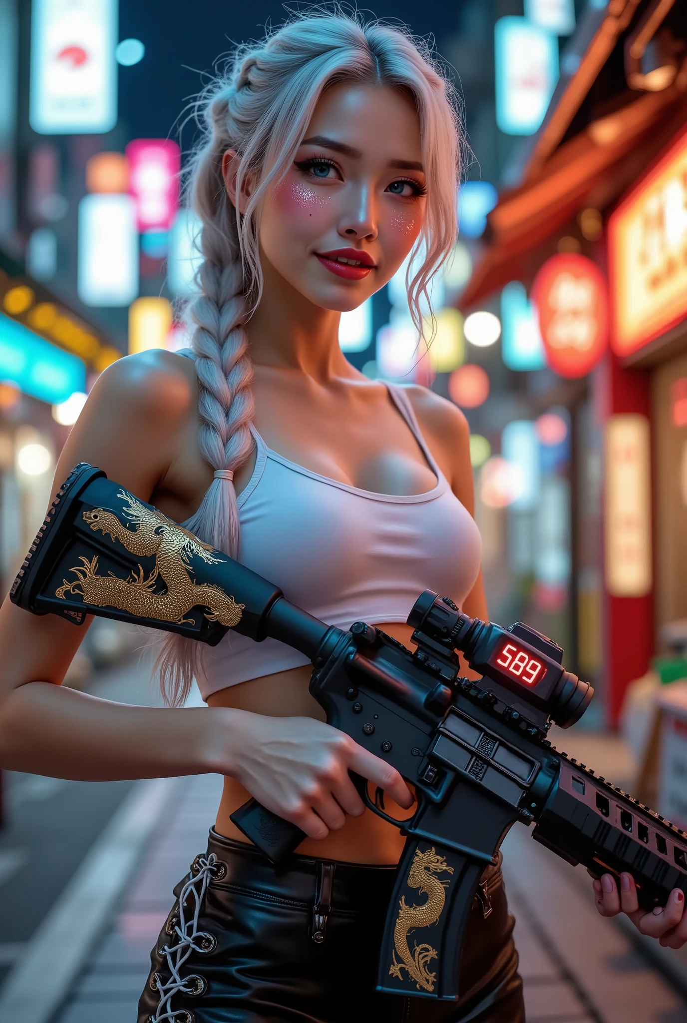  masterpiece, realistic, Photorealistic realism, Hyper high resolution, (Hyper insanel quality, absurd, ultra detailed digital art), focus on extremely Realistic Proportion Body, "Portrait of a 1 woman, 20yo {wearing a extremely detailed [ leather tanktop| (white, short, tight)], [((long, leather pants), lace-upp | (black ((tight)))] night walk (streets of Tokyo) night, neon lights. hold with both hands, one machine gun [(M16A4 assault rifle, Stat Track) ((Pull the trigger with your index finger:1.2, Laser beam:0.7, Flamethrower:0.7, Looks like fire:0.6)) | ((Painted Japanese dragon, side-mounted, 4-digit electronic display shows the number "589" in red:1.3))]}." ((sharp focus, no blurry, absurd quality, Hyper detailed realistic brown_eyes:1.35)), (finely details pupils), (perfect round eyes), (finely detailed pupils), ((detailed symmetrical lips)), red_lipstick:1.15, long eyelashes, (perfect dark_eyeshadows), (glittery pink to gold makeup), (perfect composition), ((focus on the face, open mouth big smile, joyful expression:1.4)), (Carefully draw Long blue_eyelashes:1.18). high contrast, Vibrant, pale skin, full lips, white hair, braid, dynamic pose, pink, red, blue, Beautiful long legs in good style, modelling shoot, smiley face, Depth of field, cinematic light, (((shot above the knee:1.3)))