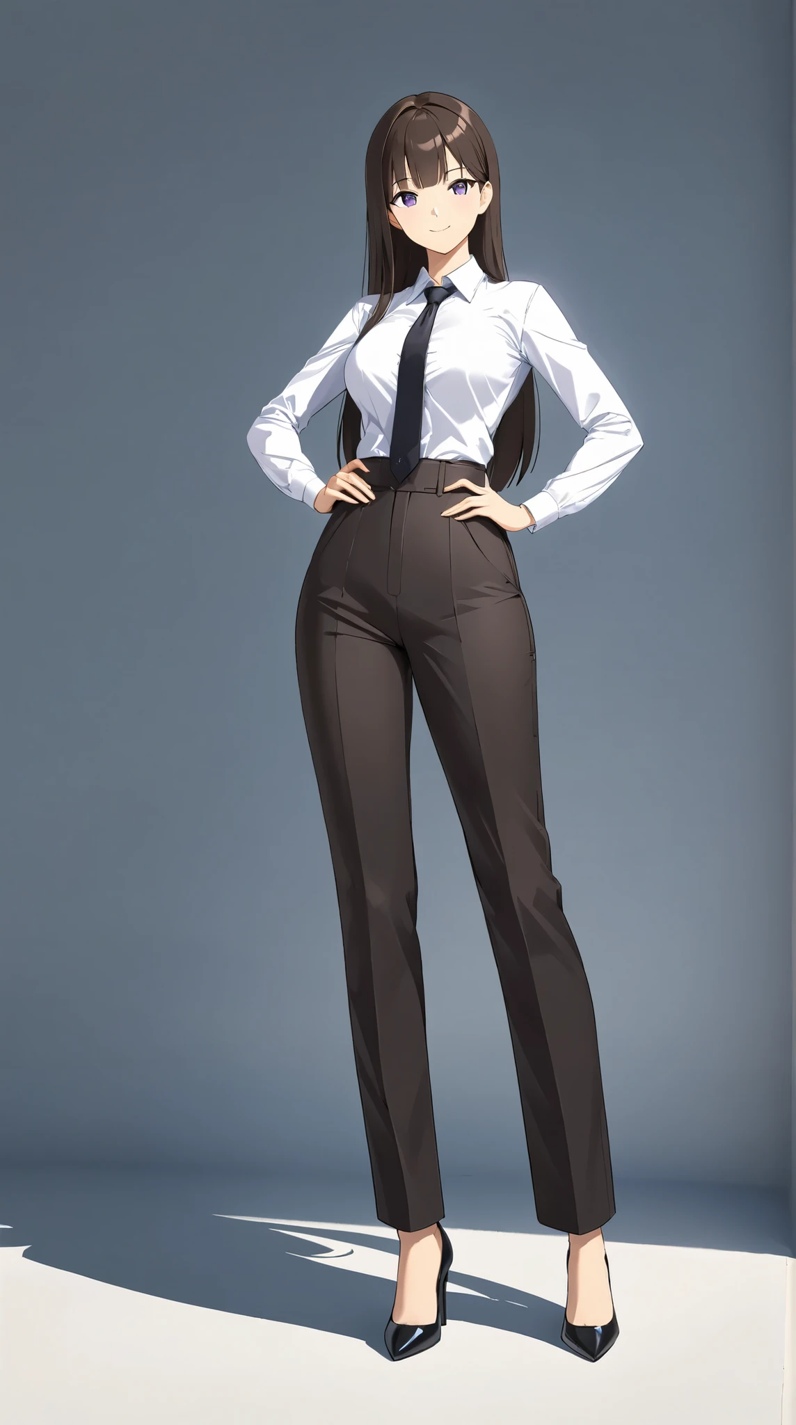 Full body of a matured female anime Full body of a female anime character with natural-looking face, very long hip-length flowing dark brown hair with full bangs and sexy shining violet eyes. She has a happy expression, with a slight smile. She is dressed in a professional outfit consisting of a plain white button-up shirt with a black tie, and low-waist fitted black pants, paired with black heels. Her posture is relaxed, with one hand on her hip and the other slightly extended. The background of the image is bright white, with a soft shadow cast beneath the character. The lighting is soft and even, giving a polished and elegant appearance. Ultra-high detail. Ultra-high resolution. Cinematic lighting. Masterpiece. Best Quality.