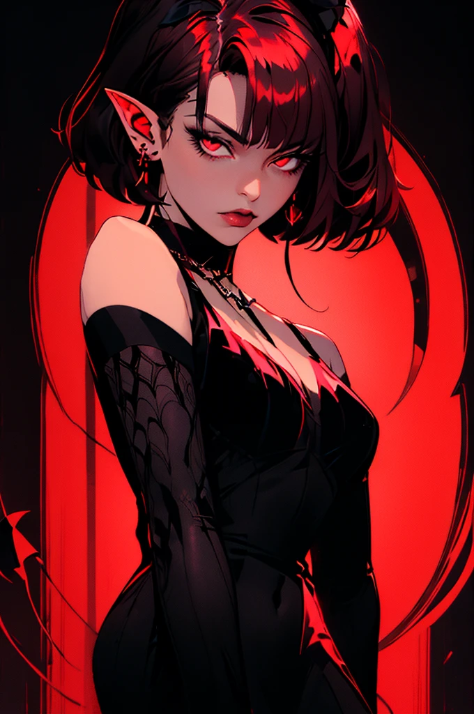 absurderes, trunk, black backdrop,
1 girl, standing alone, gazing at viewer, shorth hair, Bblack hair,  top cut, Cat's ears, busty, animal ears, sleeveless, strapless, orange eyes, trunk, make up, choker,  lipstick, ombre, orange background, Black Lips