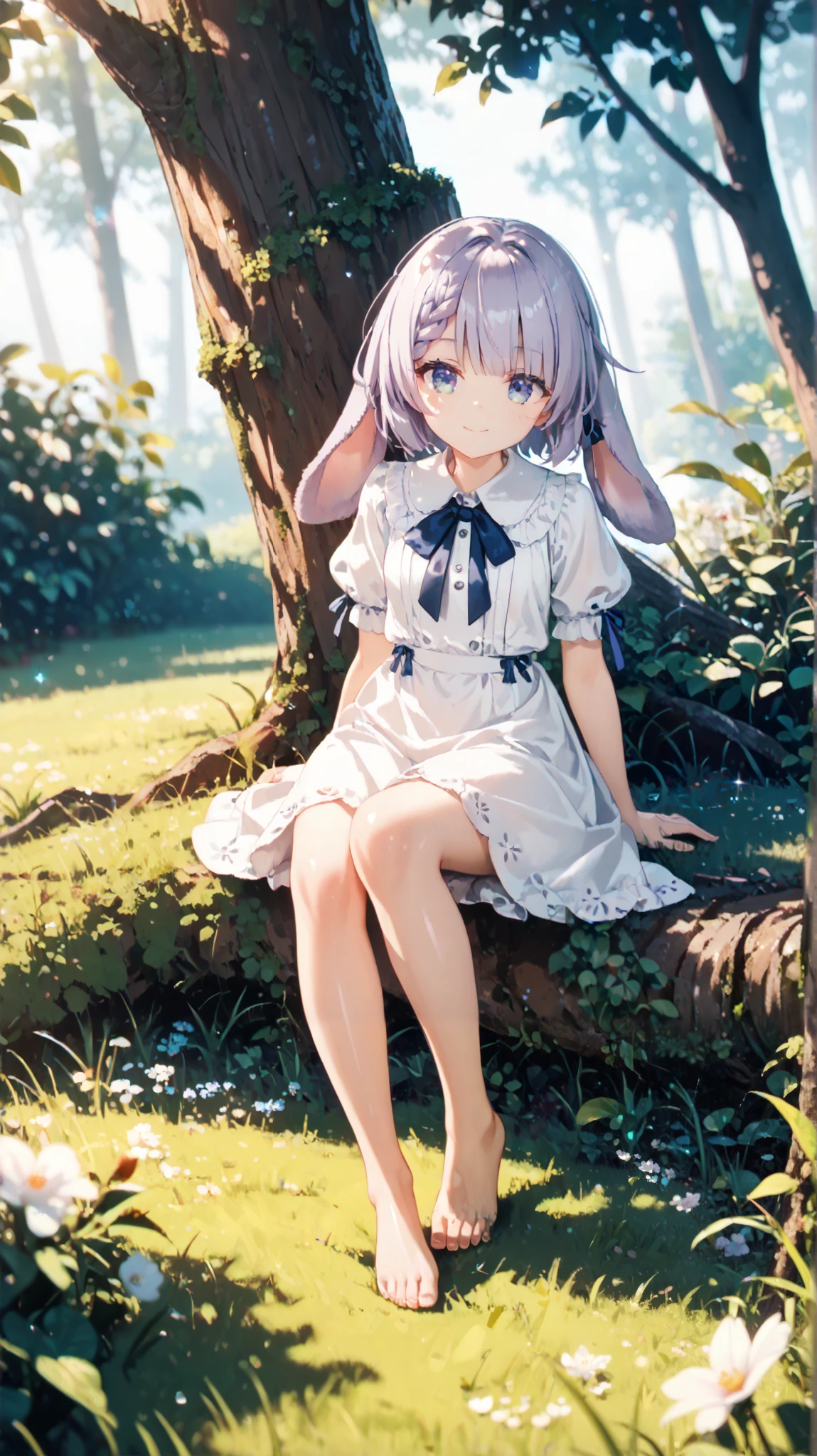 (full body:1.3), grey gradation eyes, score_9, score_8_up, score_7_up, source_anime, 1girl, solo, outdoor, In front of a giant tree growing in the grassland, lop-eared, barefoot, White Dress, below-knee dress, Navy blue ribbon, puffy Short Sleeve, sitting, lop-eared, looking at viewer, Detailed Eyes and Faces, smile, purple hair, short hair, braid bangs, At the scene, dappled sunlight, light sparkles, depth of coverage, shiny hair, shiny skin, fisheye lens