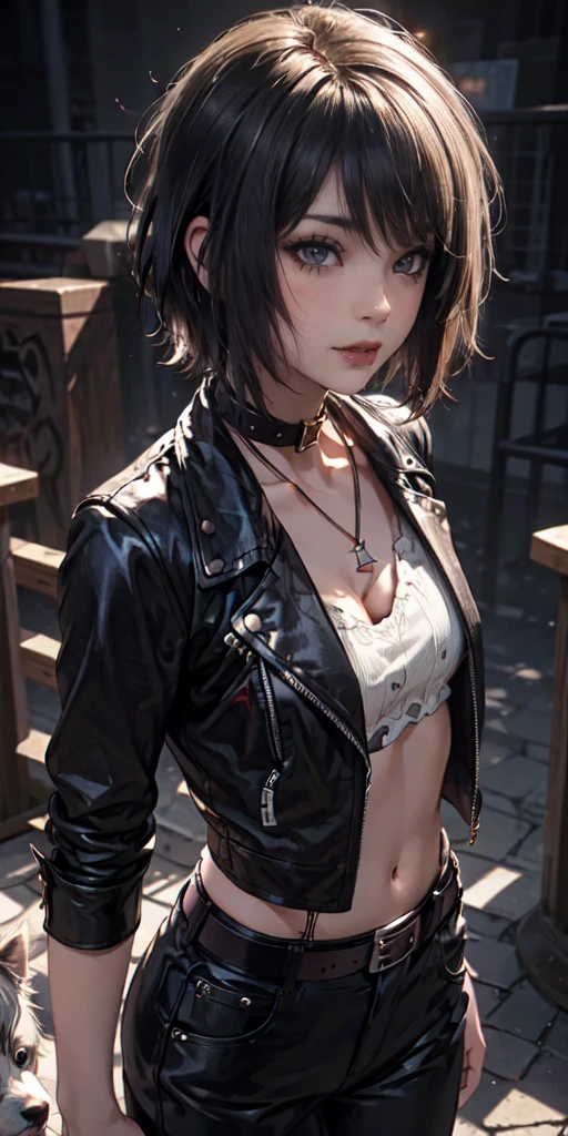 1Girl, woman, emo_hairstyle, black lipstick, dog collar, eyeliner, eye shadow, smoky eyes, realistic lighting, short hair, standing up, leather clothes, open clothes, cleavage, leather pants, belt, tattoo, bra.