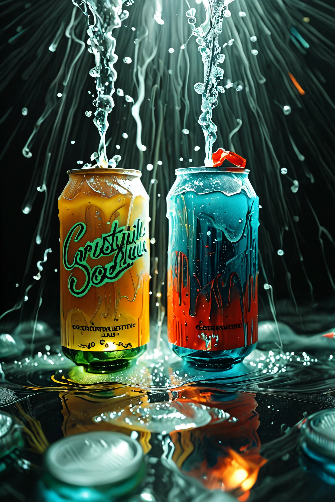 A dynamic abstract background bursting with the electrifying energy of carbonation. Use a hyper-saturated gradient of [neon lime green + cherry red + cobalt blue] colliding in effervescent explosions. Incorporate textures resembling liquid glitter, frothy soda bubbles, crystalline sugar splatters, and translucent liquid swirls frozen mid-motion. Add subtle holographic refraction effects for a 'liquid prism' glow. Style: Chaotic yet harmonious, ultra-detailed 8K resolution, asymmetric splatters, and kinetic motion blur. Avoid symmetry, geometric shapes, or literal soda cans/bottles. Mood: Refreshing, hyperactive, and irresistibly playful