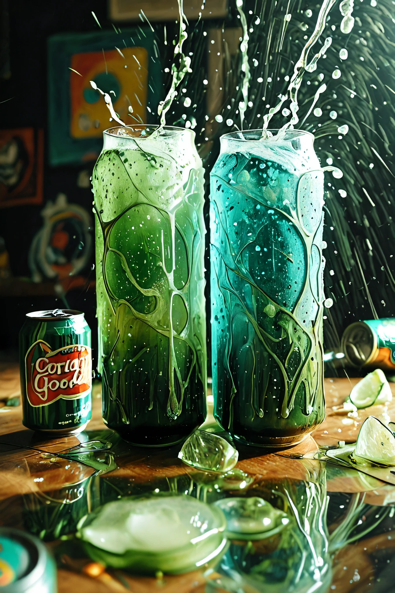 A dynamic abstract background bursting with the electrifying energy of carbonation. Use a hyper-saturated gradient of [neon lime green + cherry red + cobalt blue] colliding in effervescent explosions. Incorporate textures resembling liquid glitter, frothy soda bubbles, crystalline sugar splatters, and translucent liquid swirls frozen mid-motion. Add subtle holographic refraction effects for a 'liquid prism' glow. Style: Chaotic yet harmonious, ultra-detailed 8K resolution, asymmetric splatters, and kinetic motion blur. Avoid symmetry, geometric shapes, or literal soda cans/bottles. Mood: Refreshing, hyperactive, and irresistibly playful