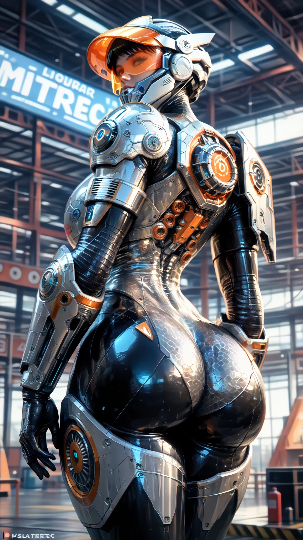 (Masterpiece), (Best quality), Photorealism, Realistic, Ultra detailed, Perfect face, Perfect body, 1girll, Beautiful girl, Girl in red armor, Mechanical armor, exoskeleton, Stand, Cool pose, Sexy, Watching from behind